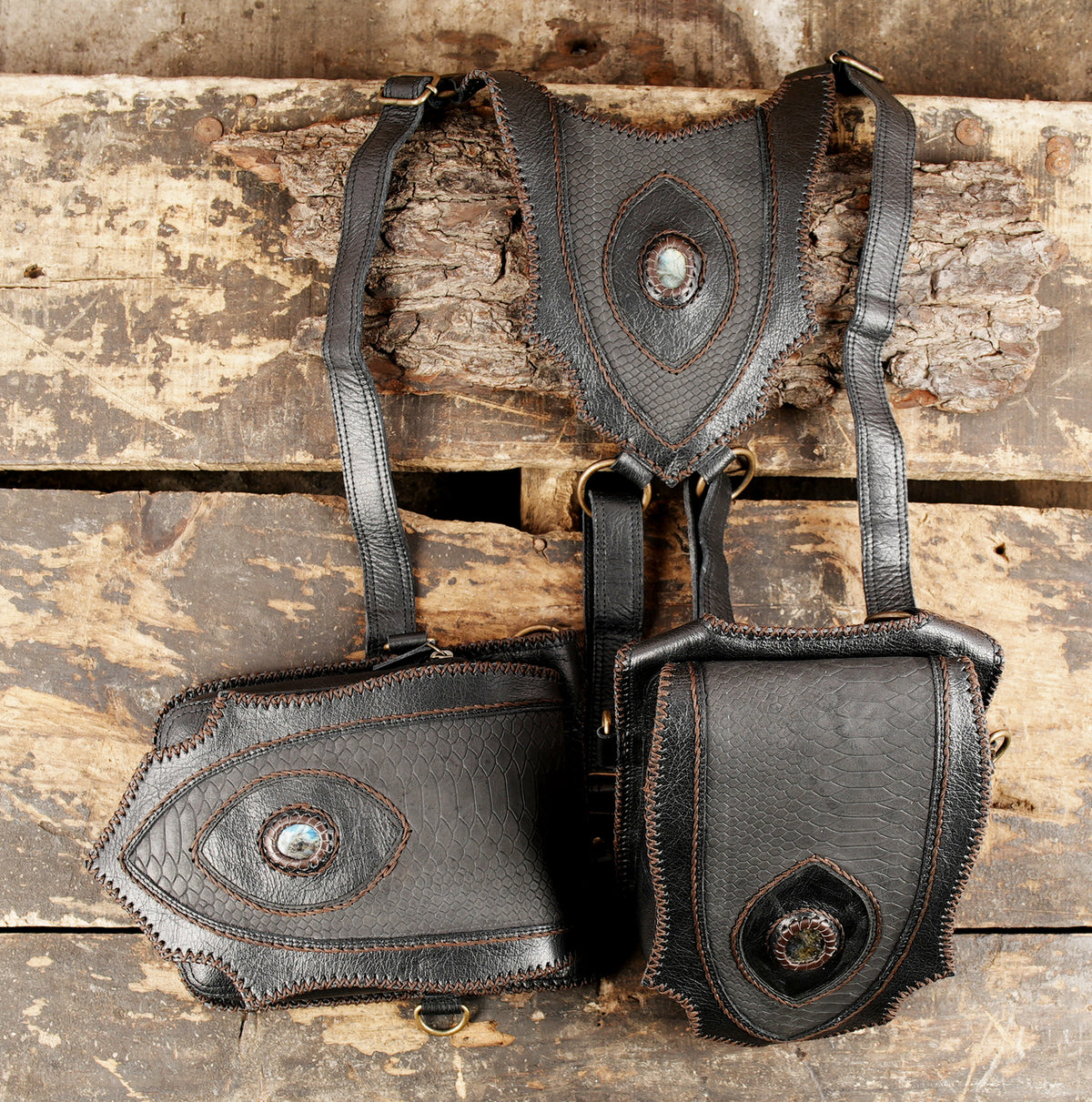 Boho festival leather body harness with dual pouch attachment
