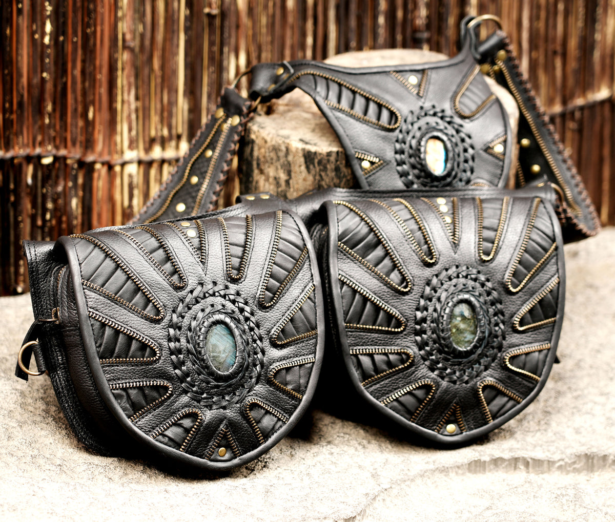 Black leather steampunk festival accessory with decorative geometric patterns