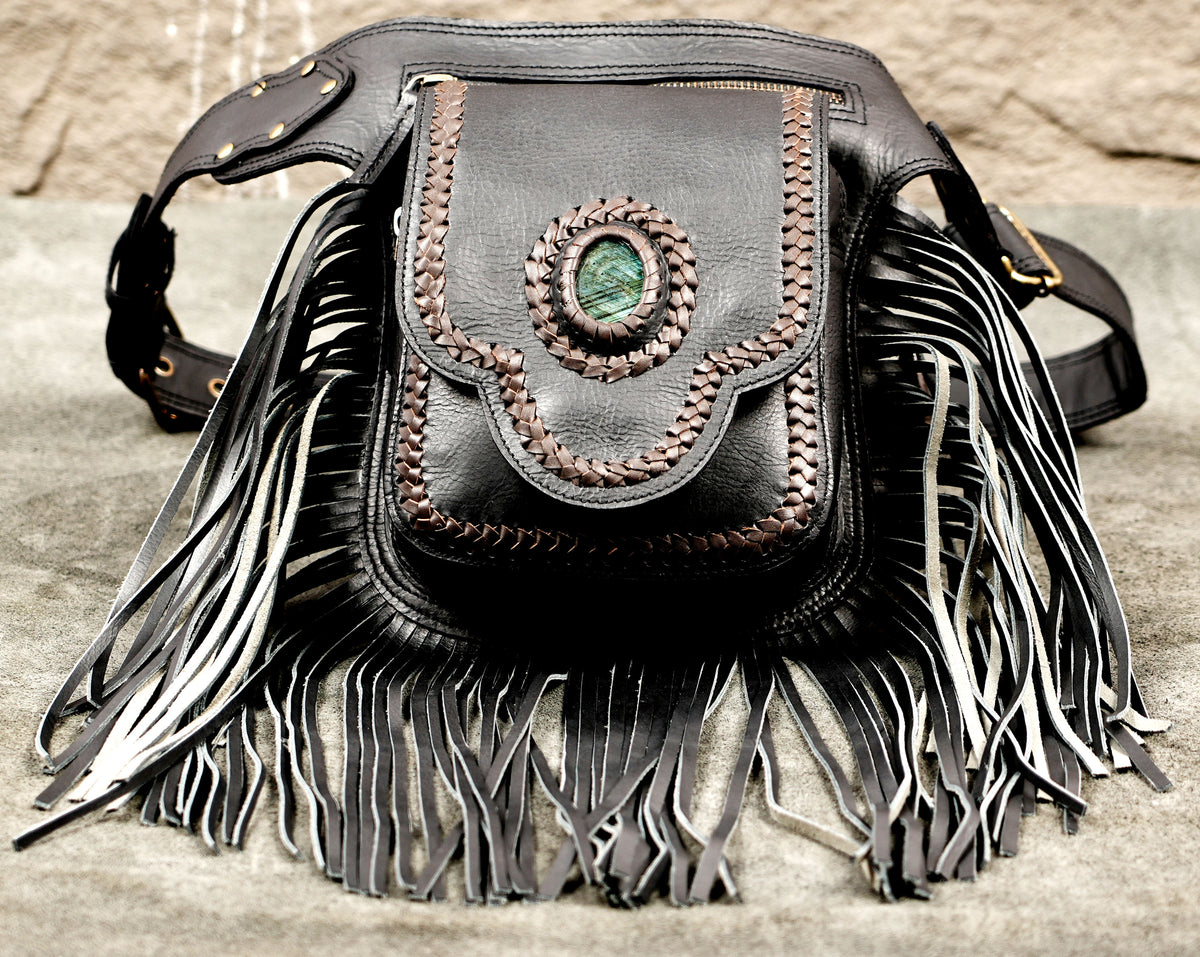 Handmade Black Leather Fringe Belt Bag Boho Festival Hip Pouch Adjustable Waist