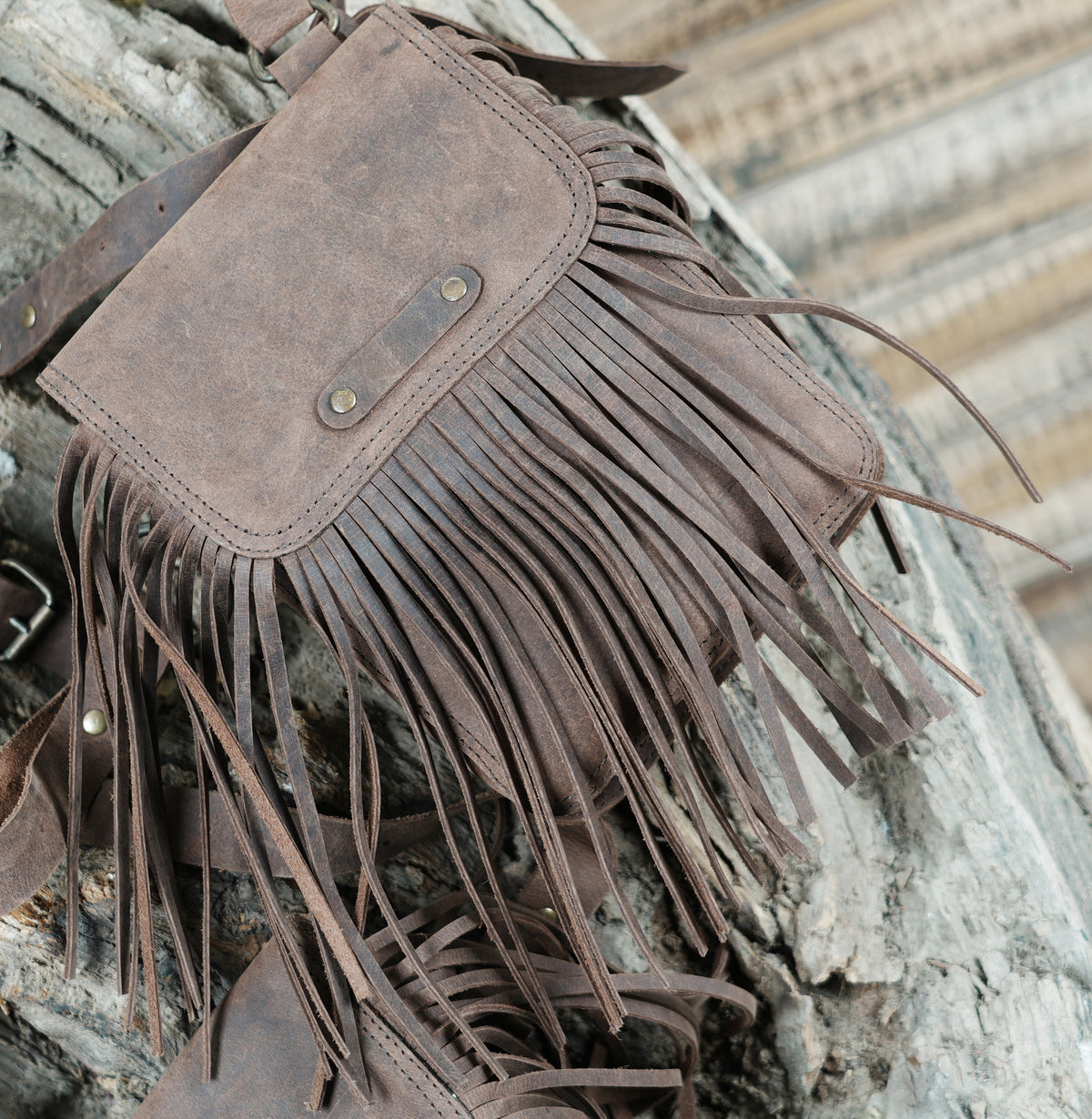 Brown Leather Chest Harness Bag with Fringe Pockets and Studded Yoke