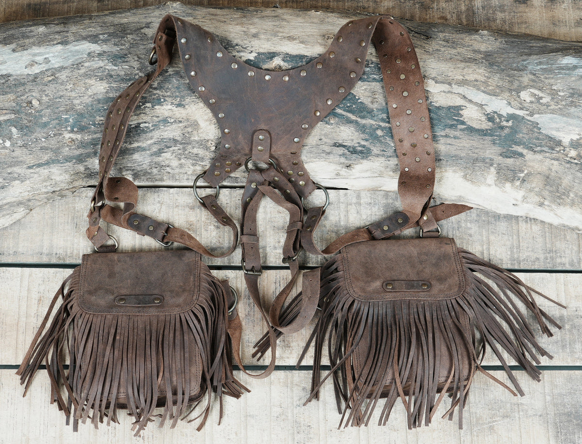 Brown Leather Chest Harness Bag with Fringe Pockets and Studded Yoke