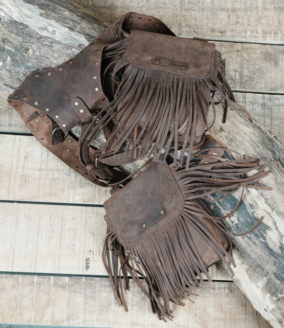 Brown Leather Chest Harness Bag with Fringe Pockets and Studded Yoke