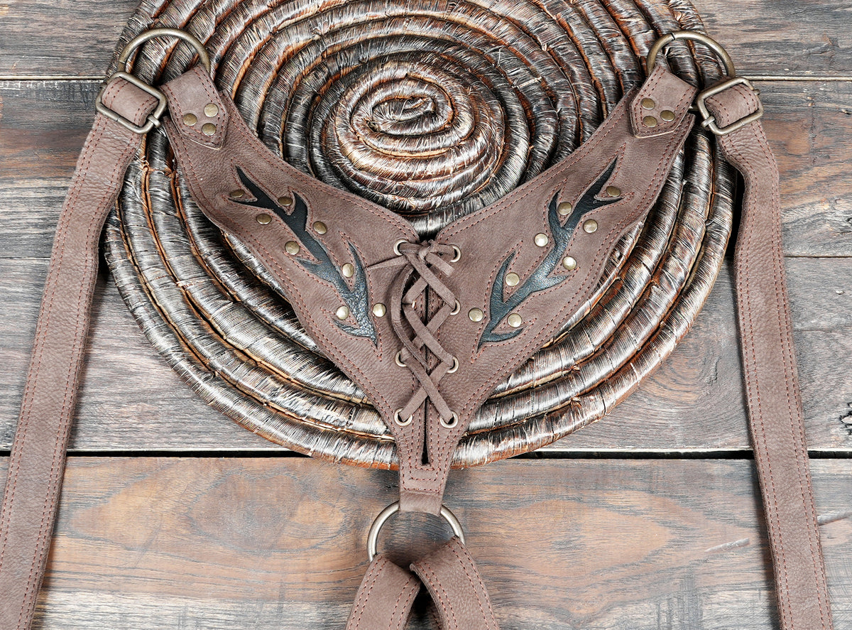 Handmade brown leather festival harness bag with two pockets