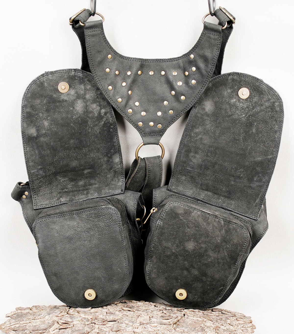Steampunk studded leather chest rig with double pouches