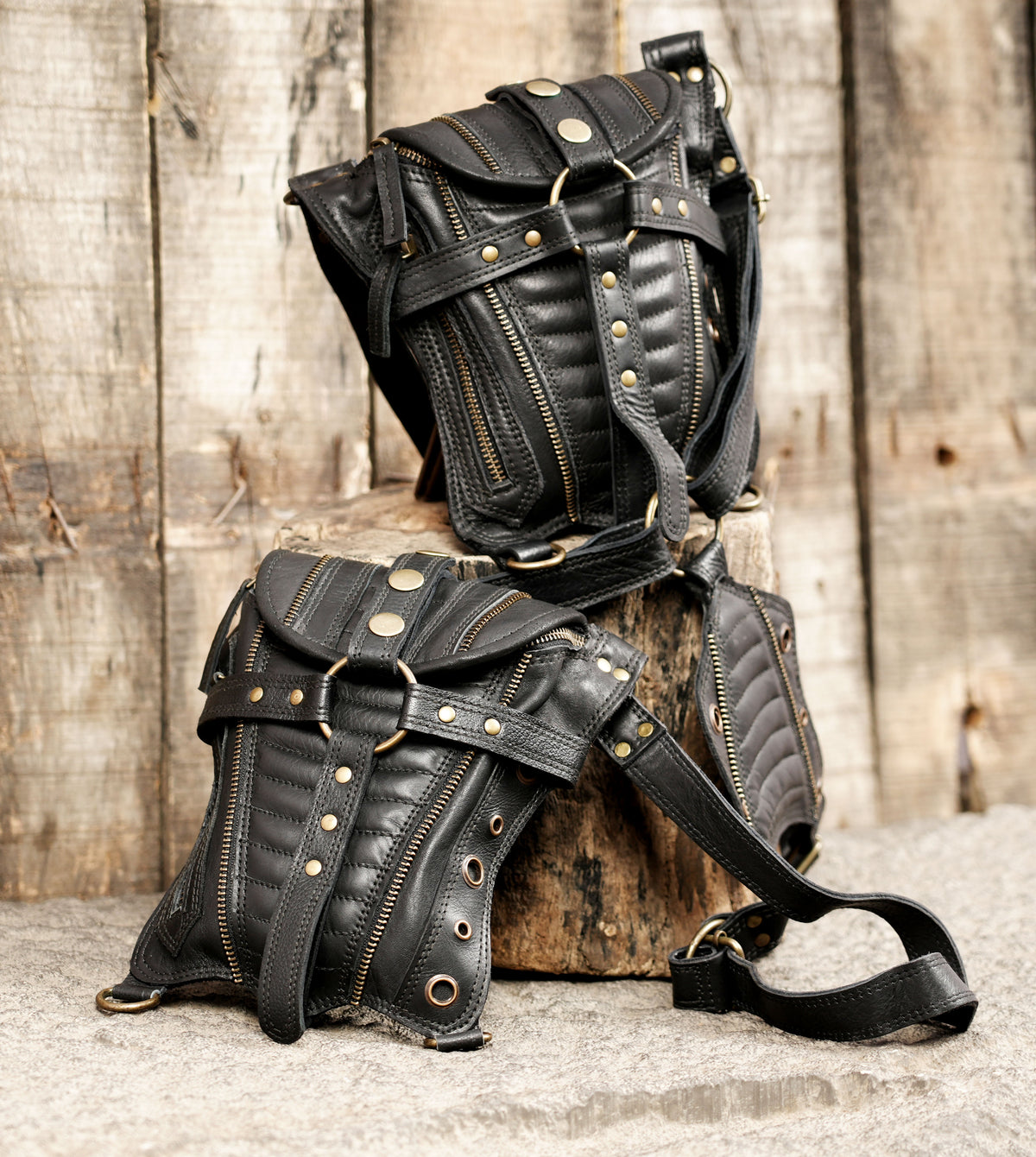 Handcrafted black leather festival harness with dual utility pockets