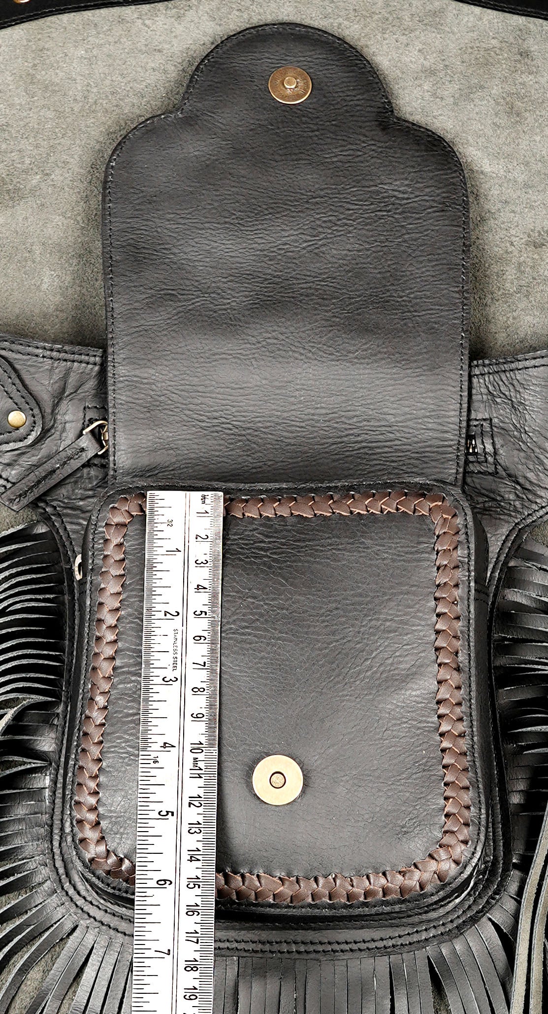 Handmade Black Leather Fringe Belt Bag Boho Festival Hip Pouch Adjustable Waist