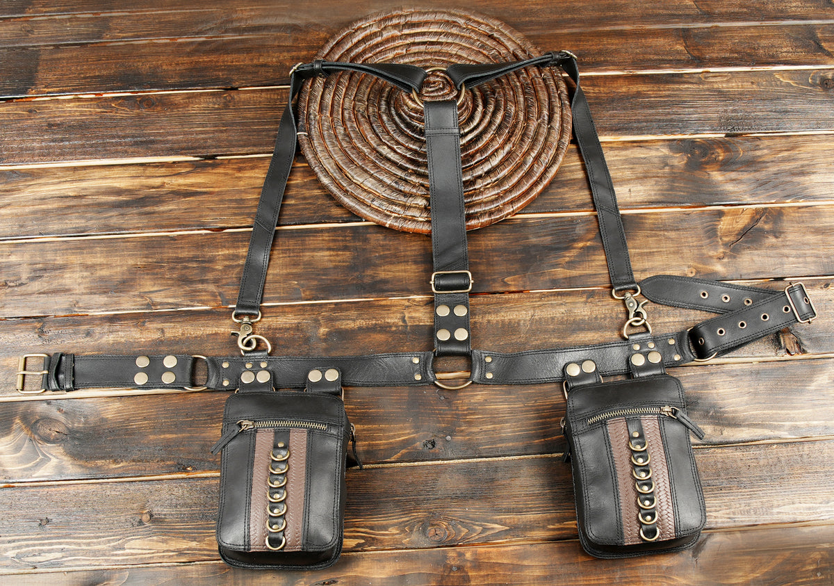 Custom black leather chest harness with integrated waist belt and pouches