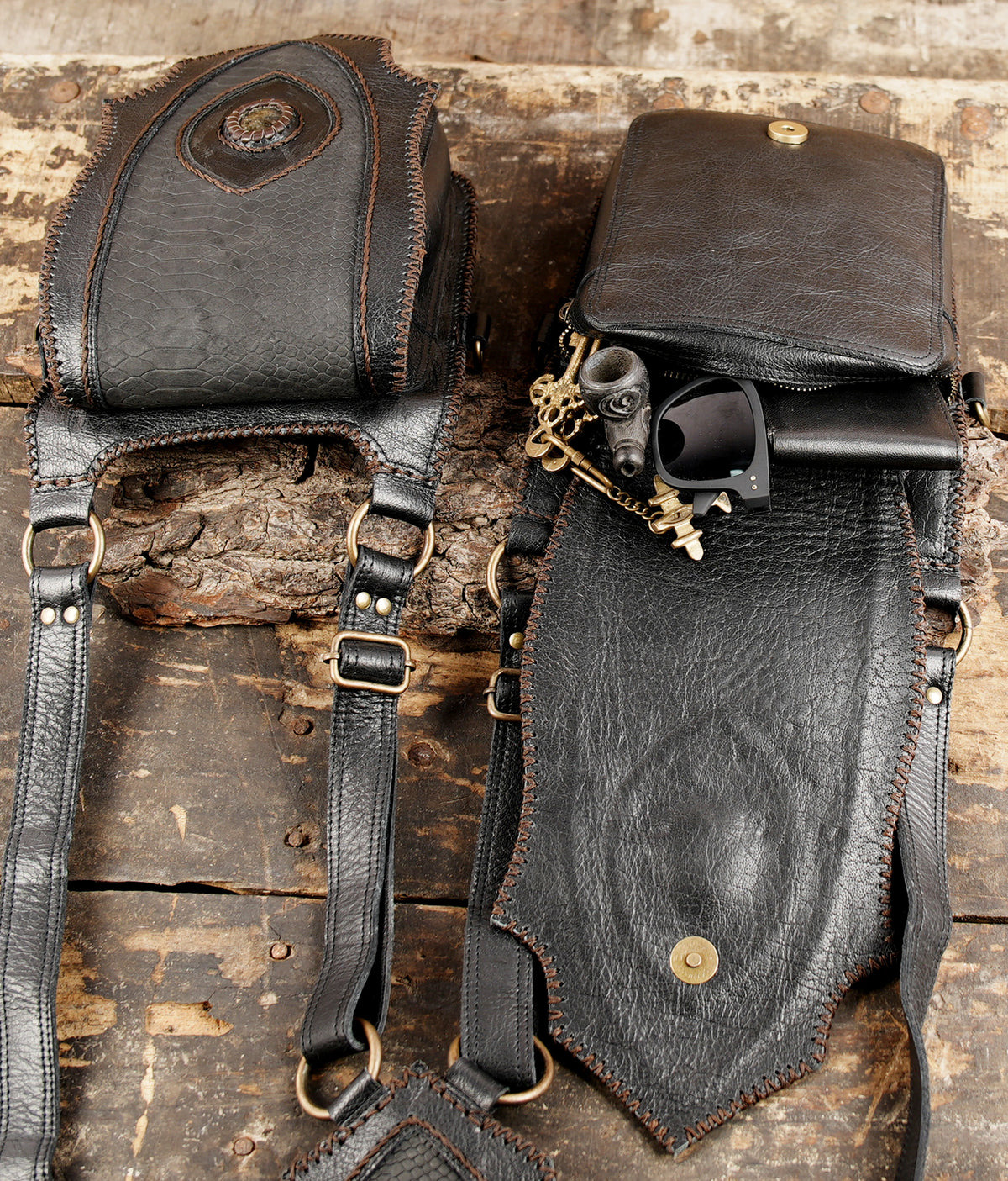 Statement leather body harness featuring dual utility pouches and stones