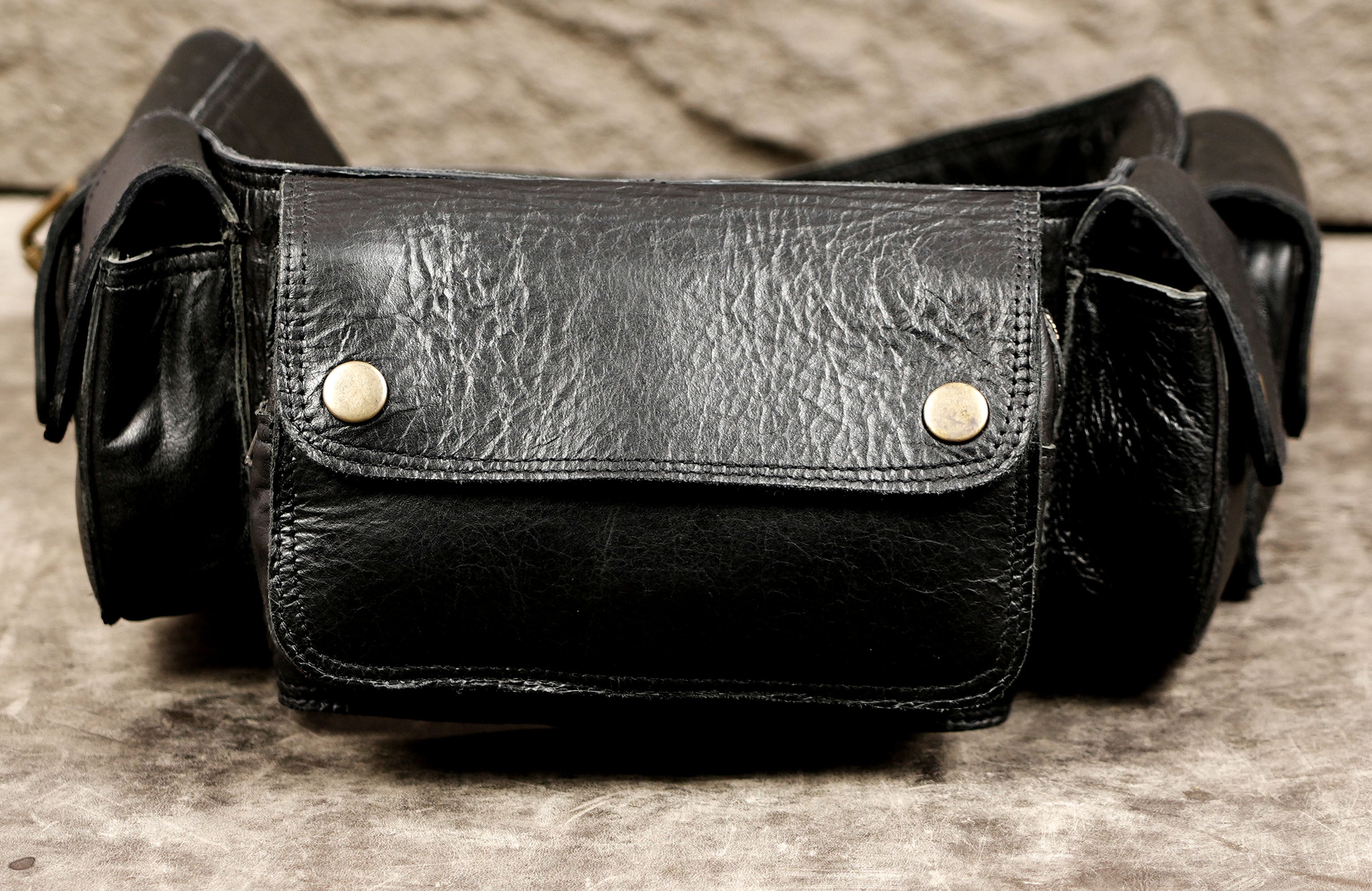 Hands-free leather waist bag with antique brass fittings
