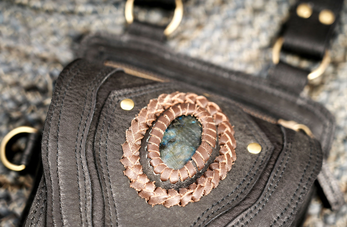 Black Leather Burning Man Harness Bag with Two Front Pouches and Gemstone Trim