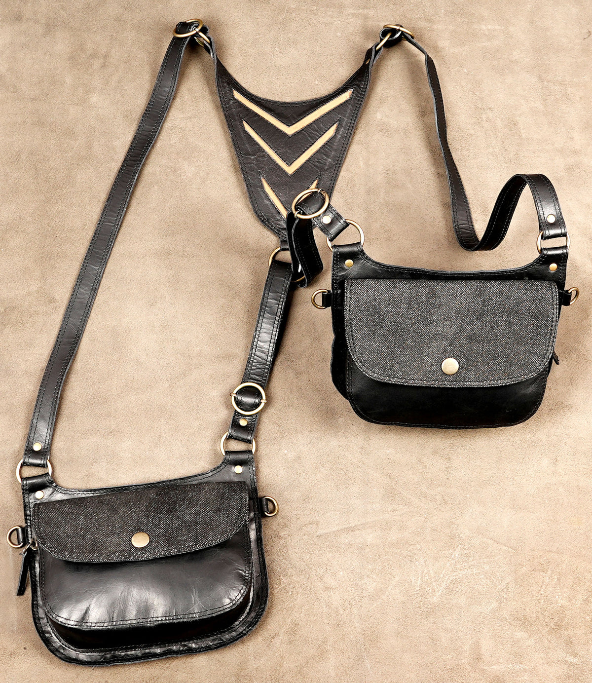 Black Leather Double Waist Pouch Harness for Rave Wear and Cosplay