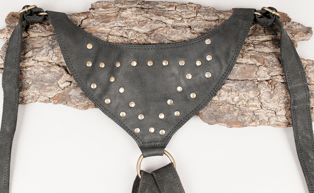 Unisex black textured leather chest harness and holster