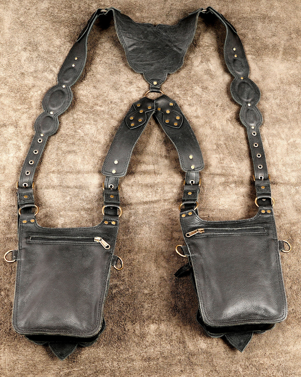 Unisex black leather travel pouch harness with antique brass buckles
