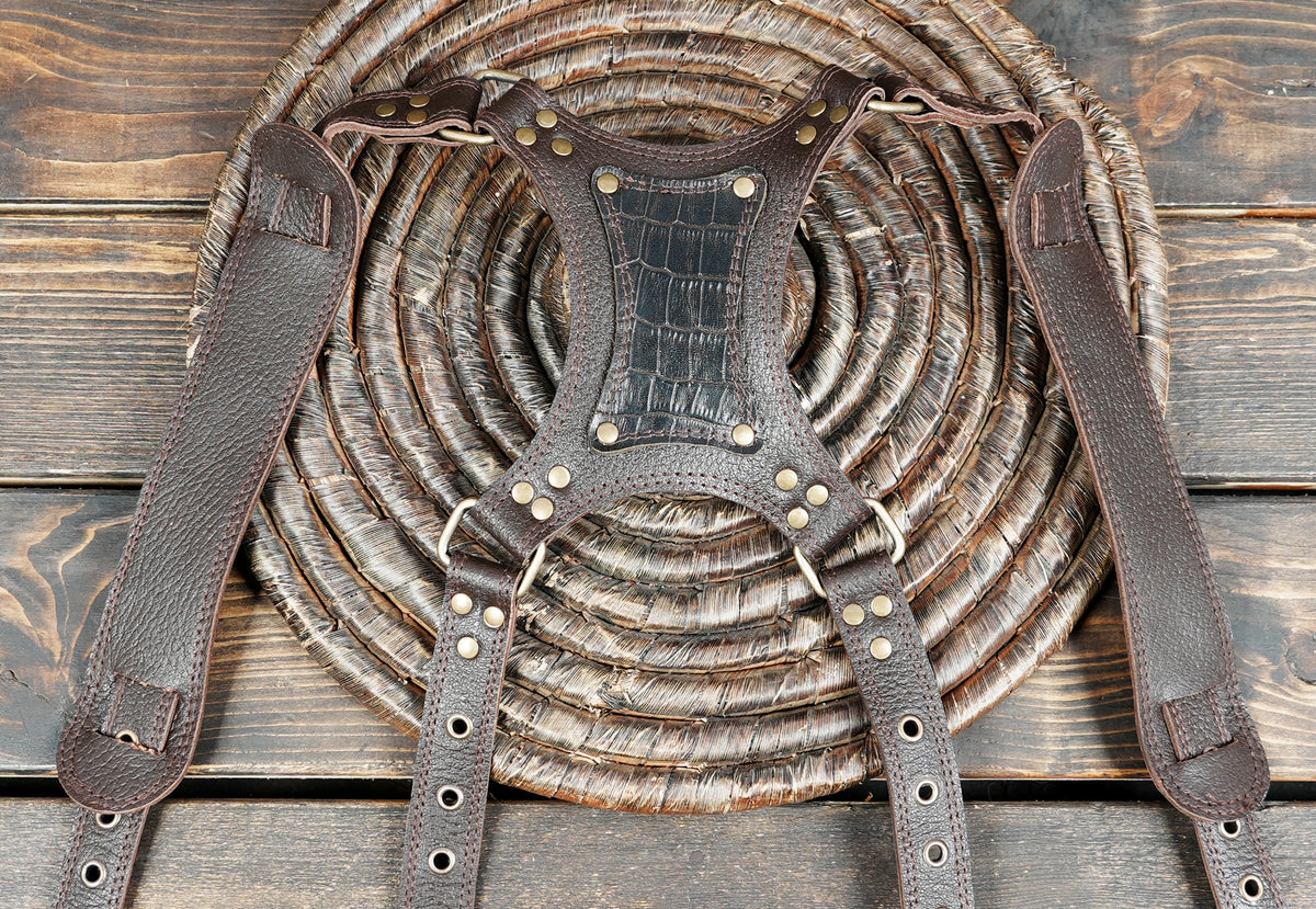 A dark brown leather harness with an alligator-textured center panel and brass-tone rivets.