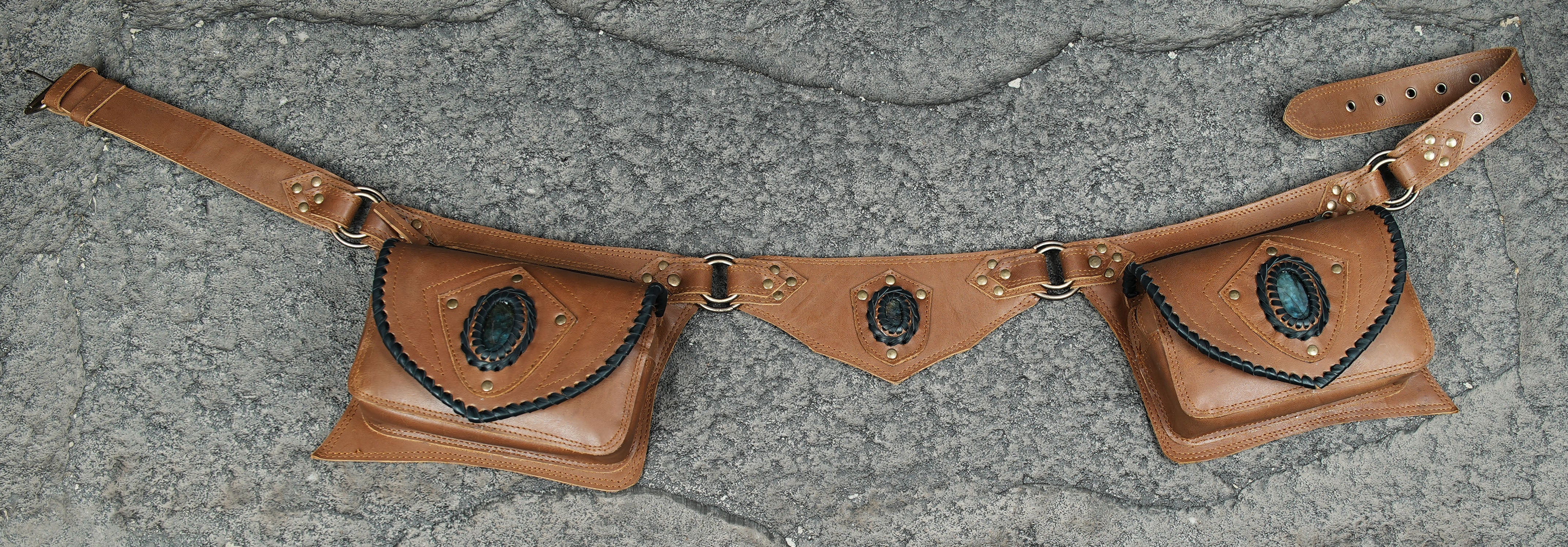 Black leather waist pack with stonework