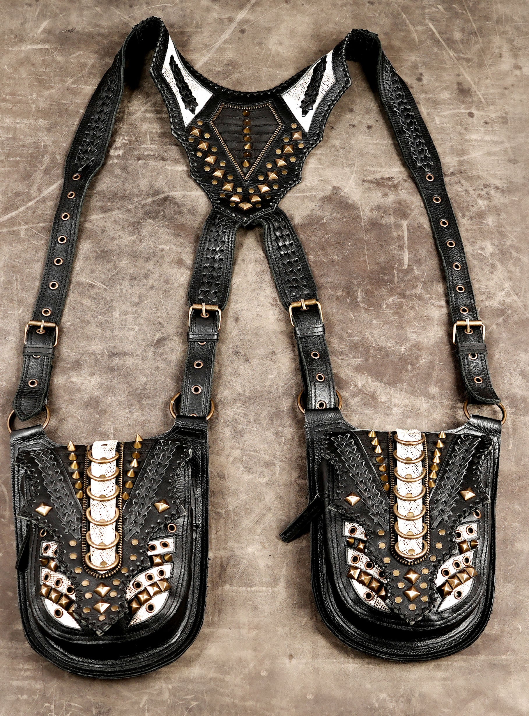 Goth punk black leather body harness bag with secure multi-pockets