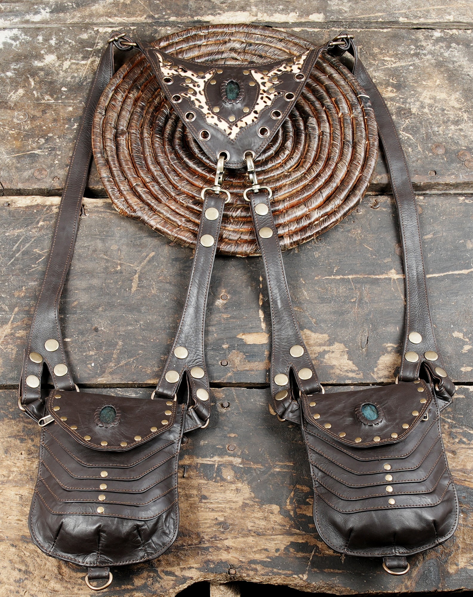 Handcrafted Black Leather Shoulder Holster with Dual Utility Pouches || Gothic Tribal Leather Shoulder Holster with Adjustable Straps (LT/AB/HLS/6091)