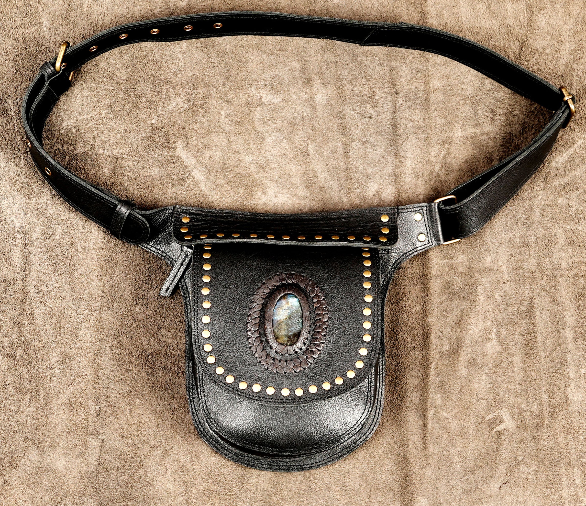 Handmade Leather Hip Bag with Labradorite Stone and Brass Studs – Boho Waist Bag with Braided Detail, Adjustable Belt Pouch