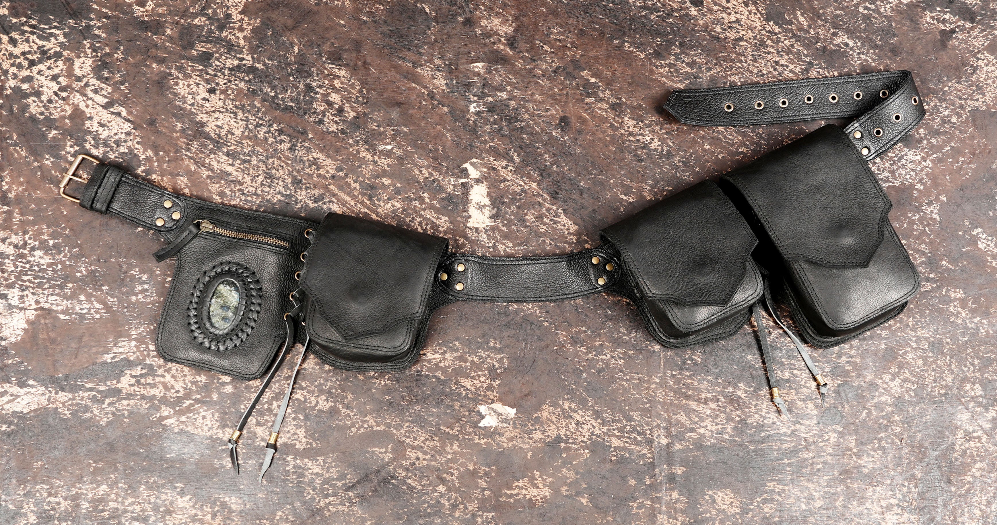 Handmade black leather waist belt with pouches