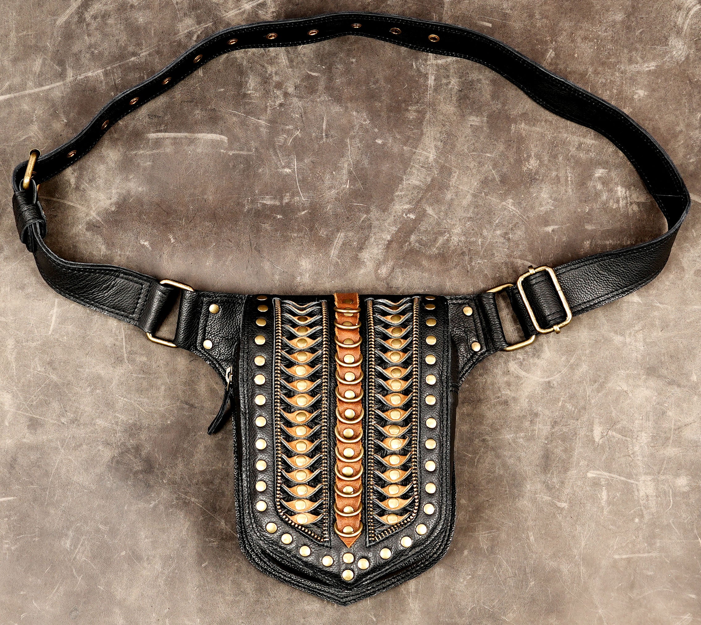 Handmade black leather hip belt with brass studs