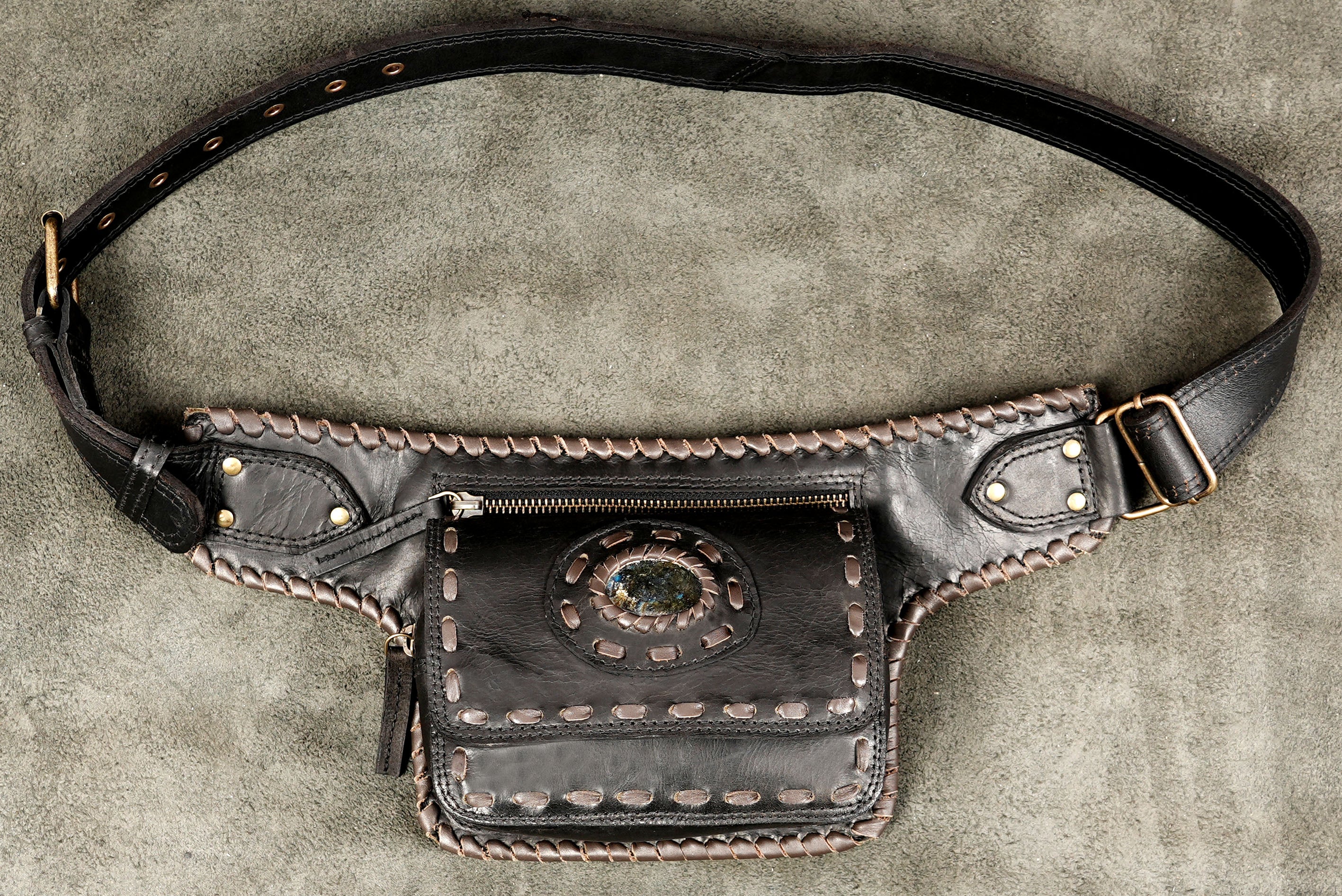 Black leather hip belt with zipper pouch