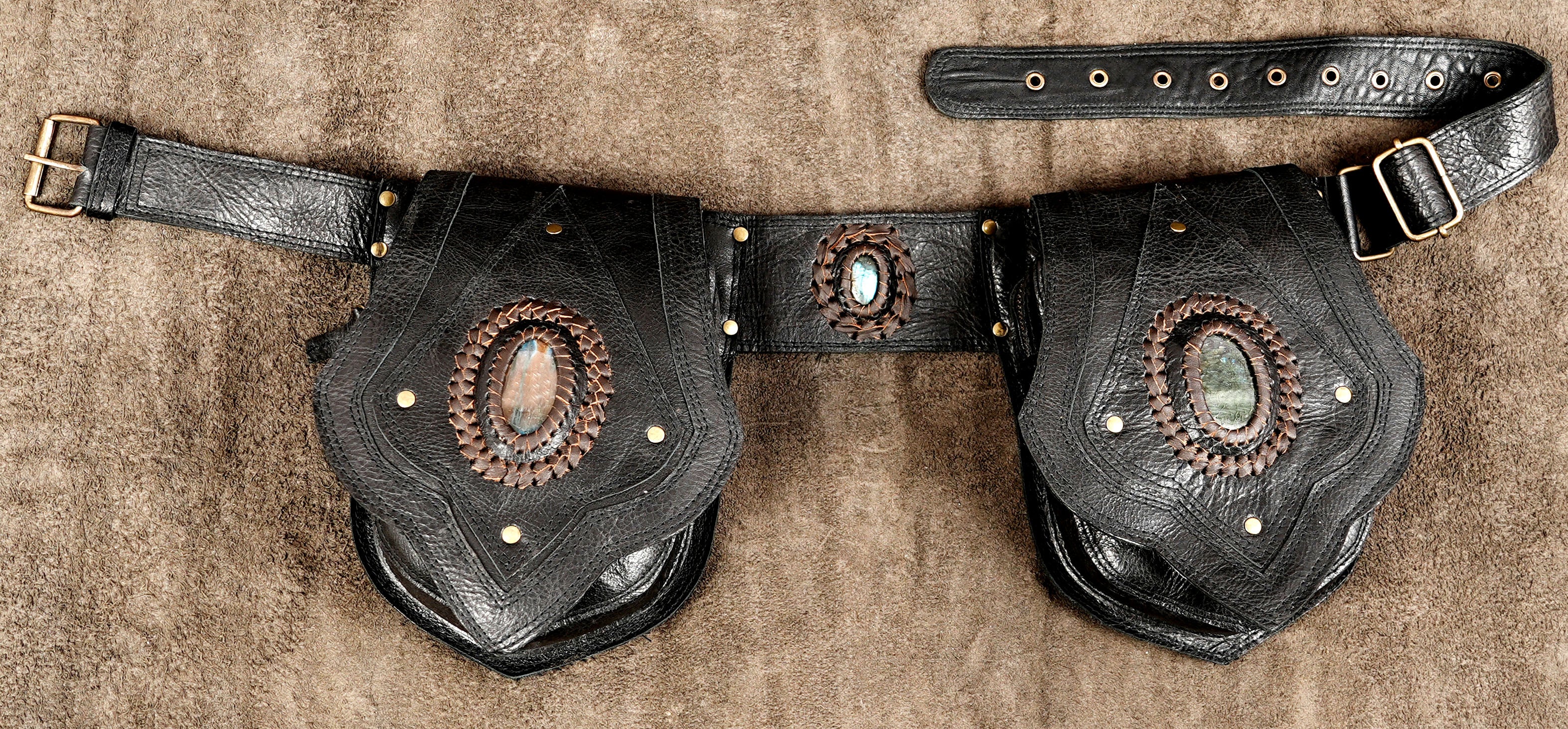 Handmade leather hip belt with braided edge stone detail