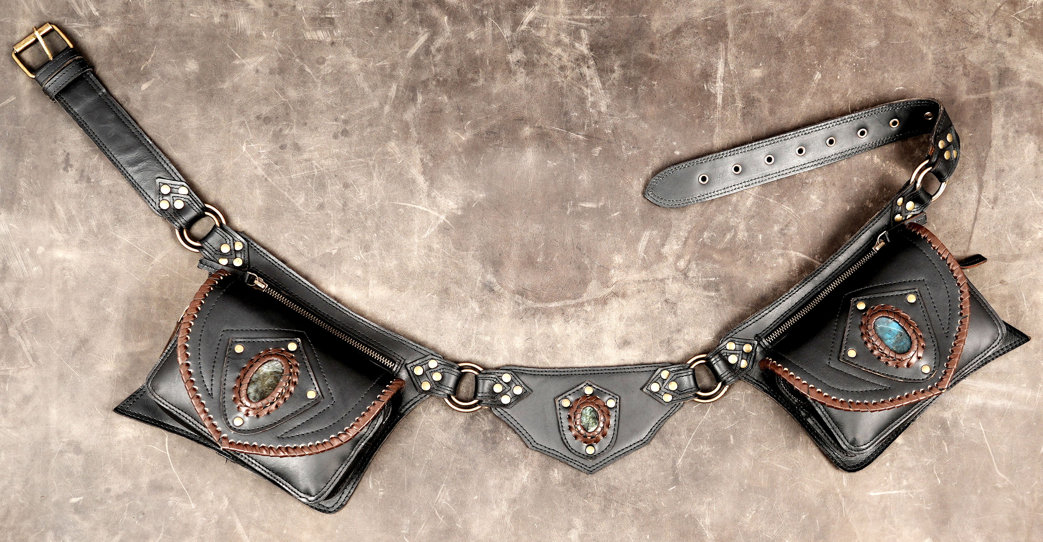 Handmade leather hip belt with pouches