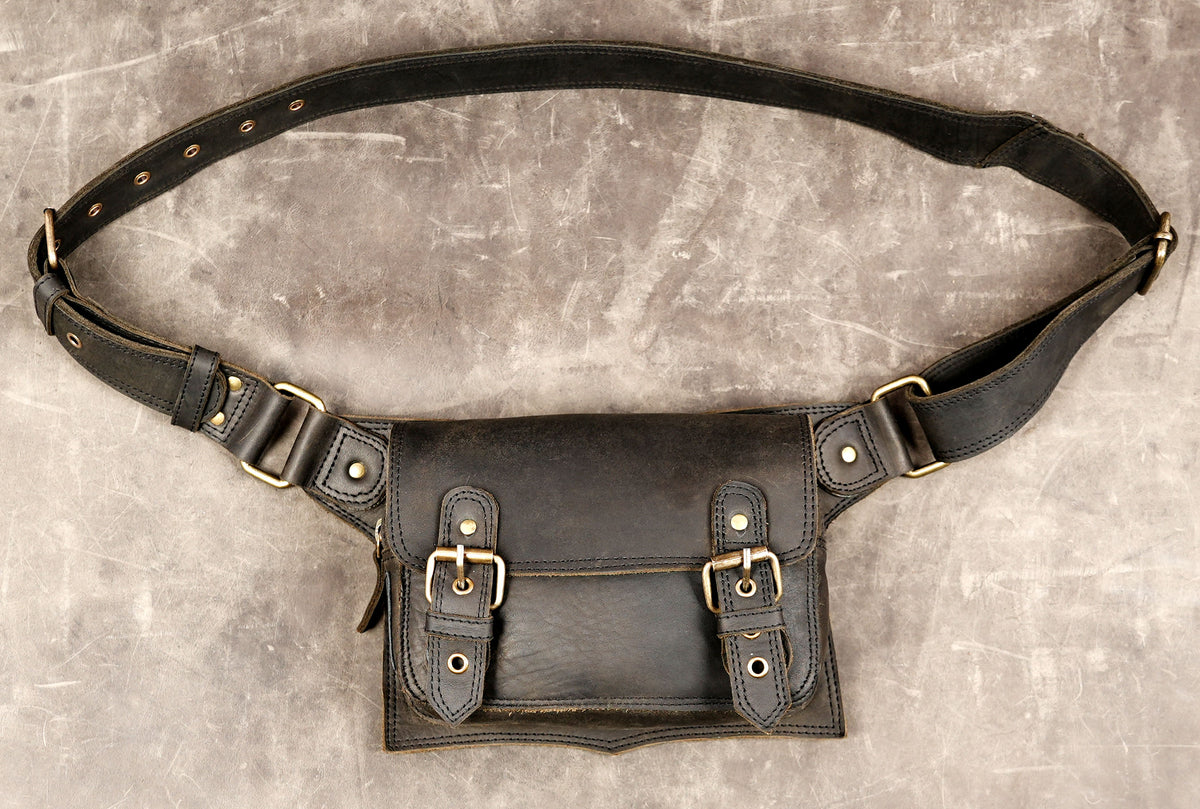 Rustic leather hip belt with antique brass hardware