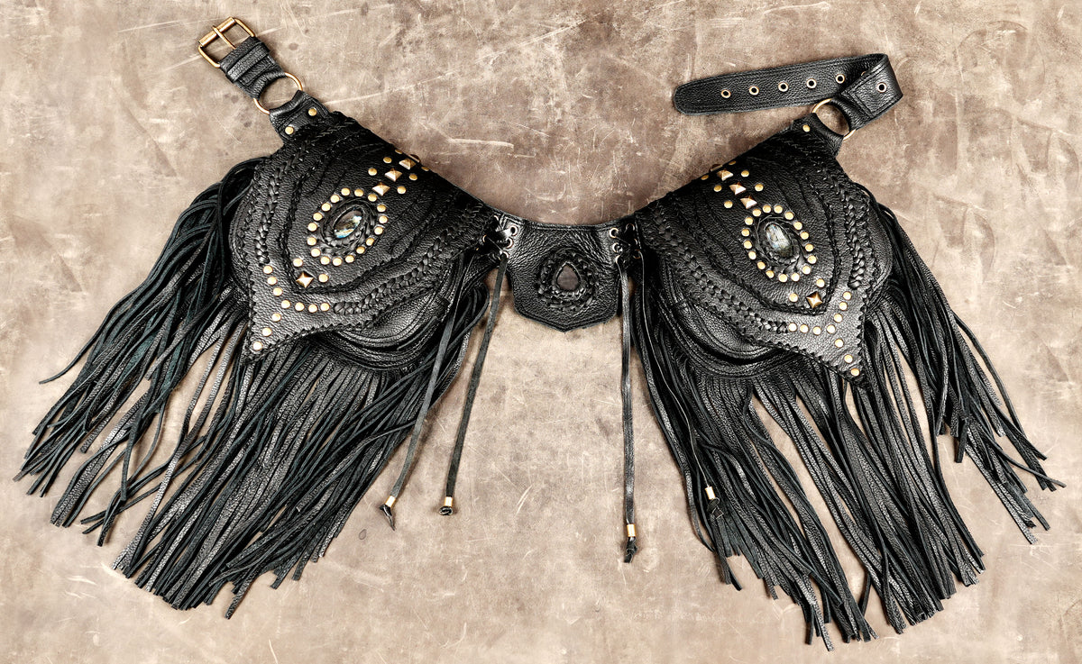 Genuine leather boho waist belt with long fringe
