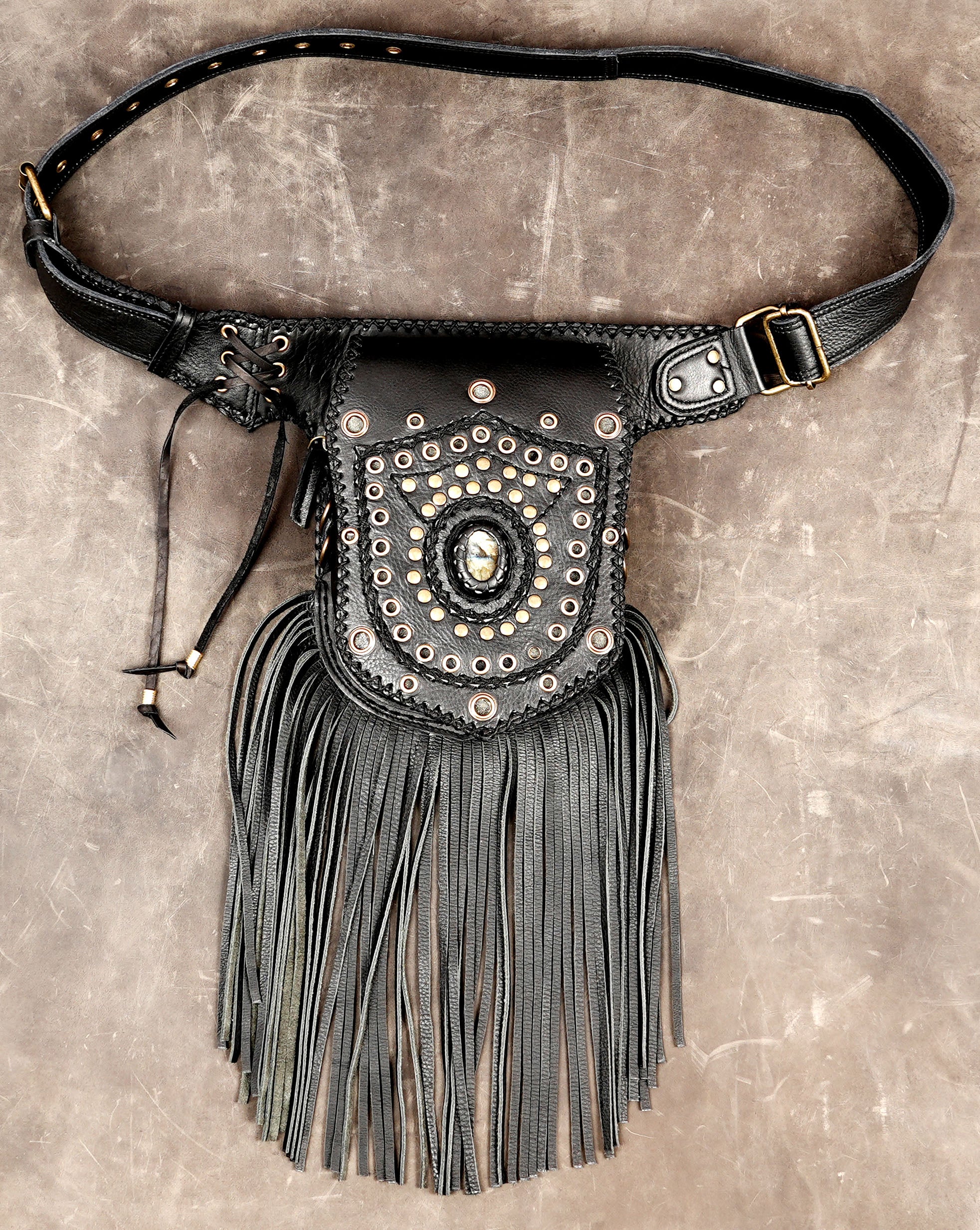 Leather fringe hip accessory with adjustable buckle