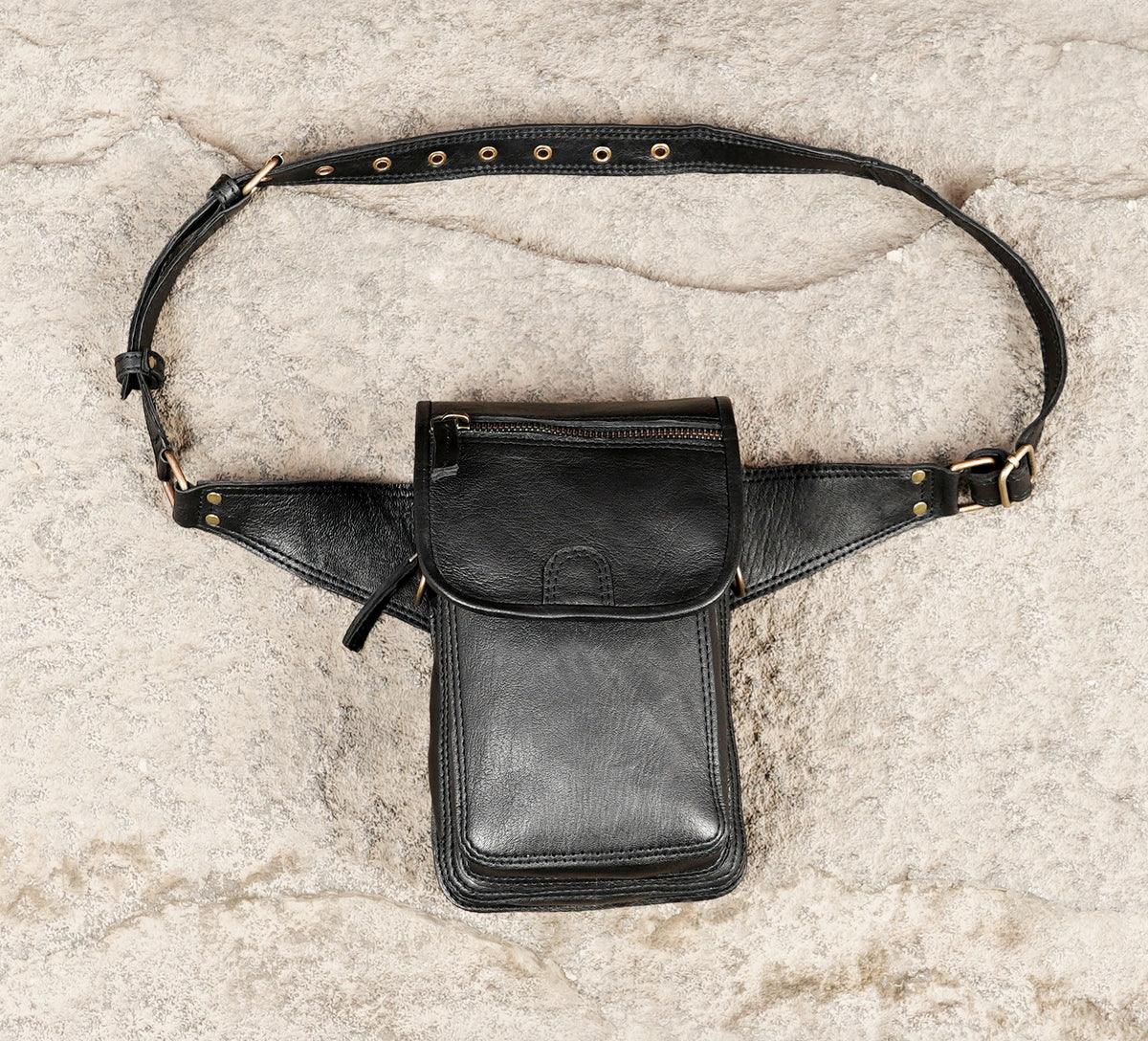 Black Leather Utility Belt Bag Crossbody Waist Pouch Festival Hip Pack Unisex