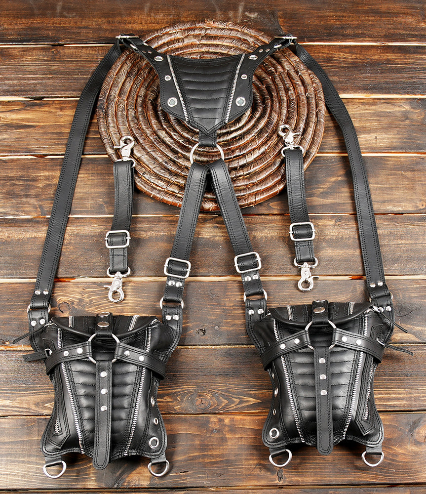Handmade Leather Shoulder Holster with Dual Zipper Pouches || Handcrafted Leather Shoulder Holster with Metal Hardware (LT/AB/HLS/6124)