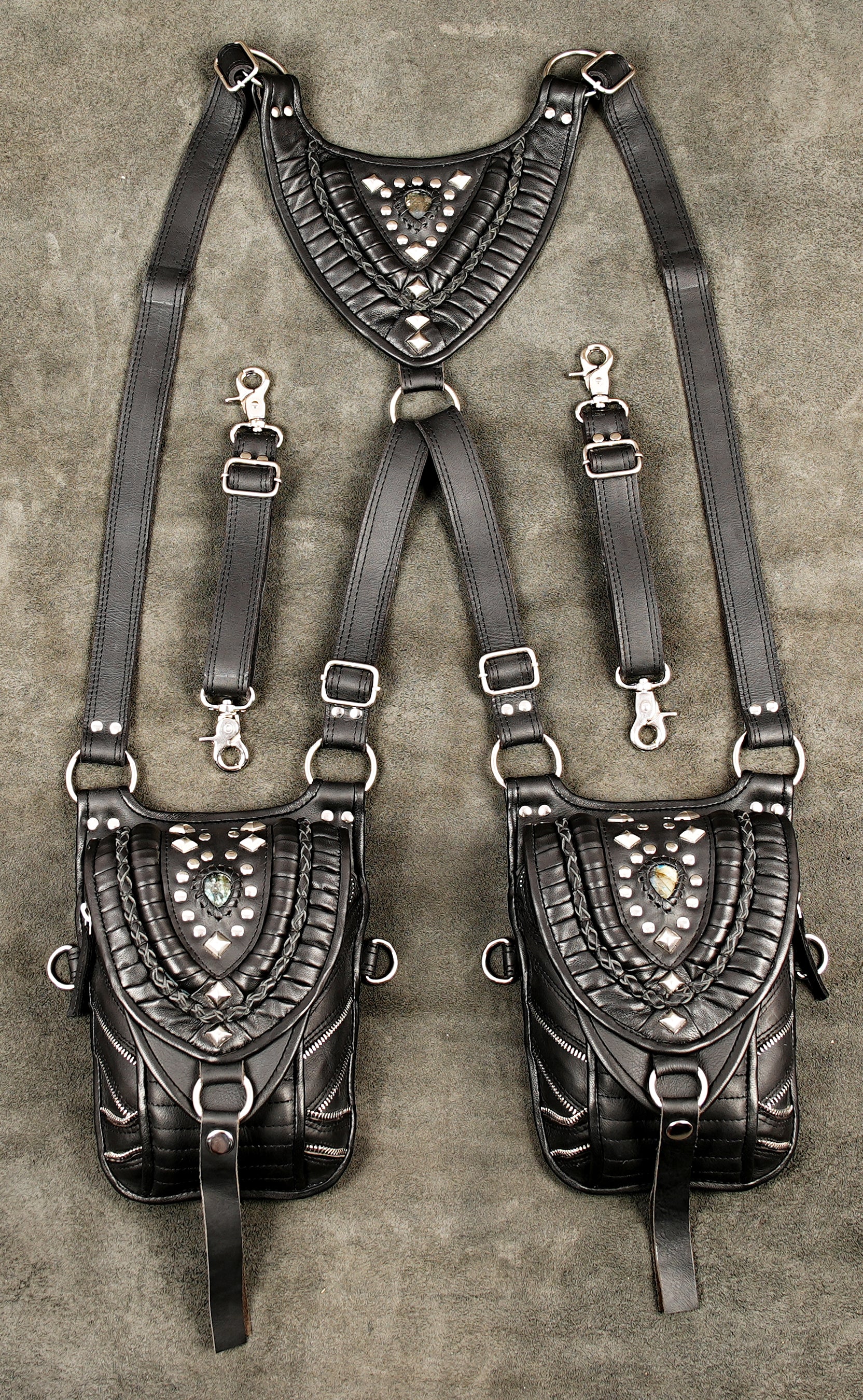 Biker style studded leather utility holster with dual drop leg pouches