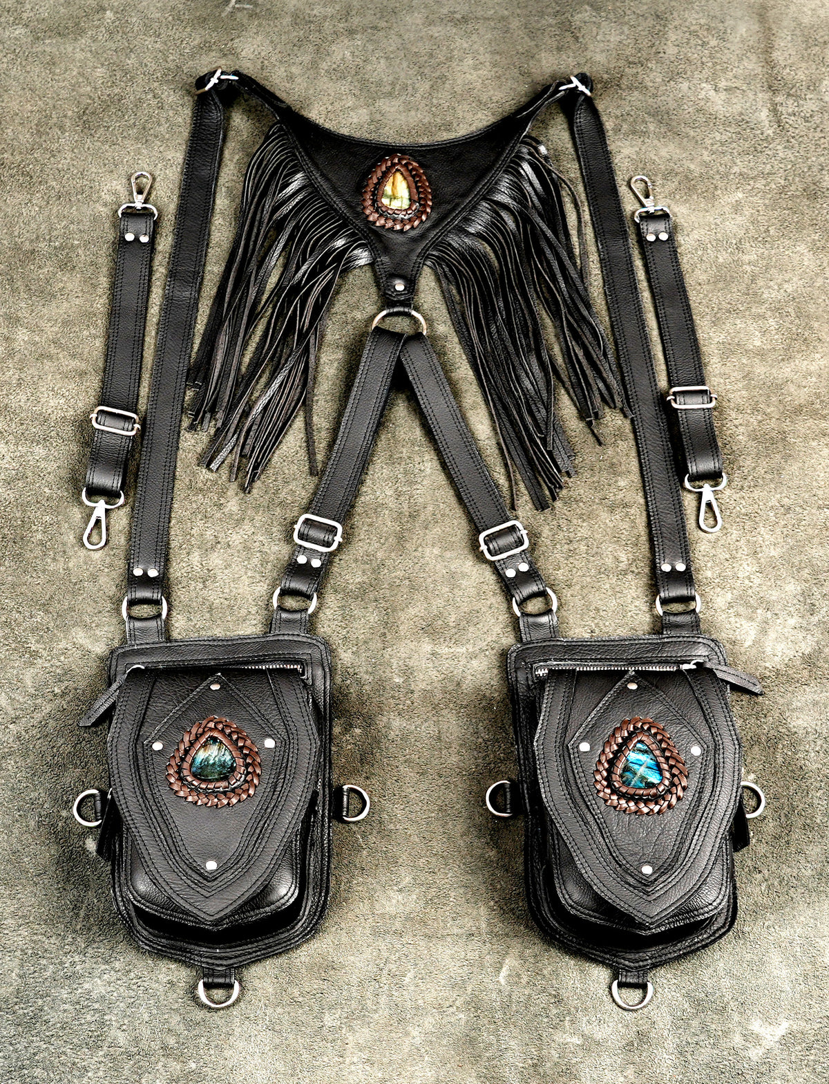Tribal boho leather harness with labradorite and braided leather frames