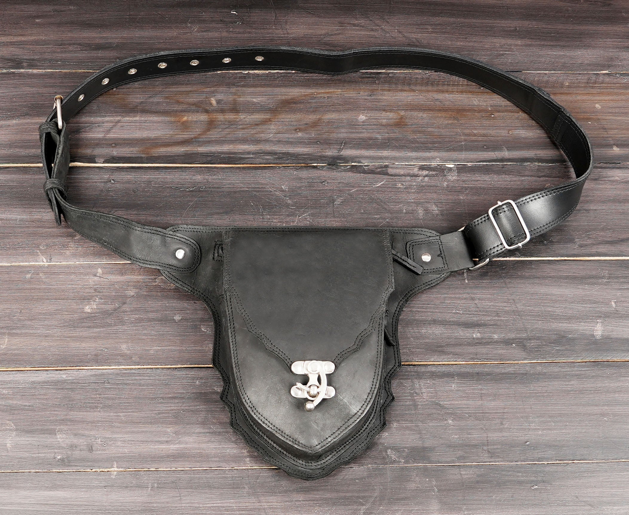 Black leather waist belt with front pouch