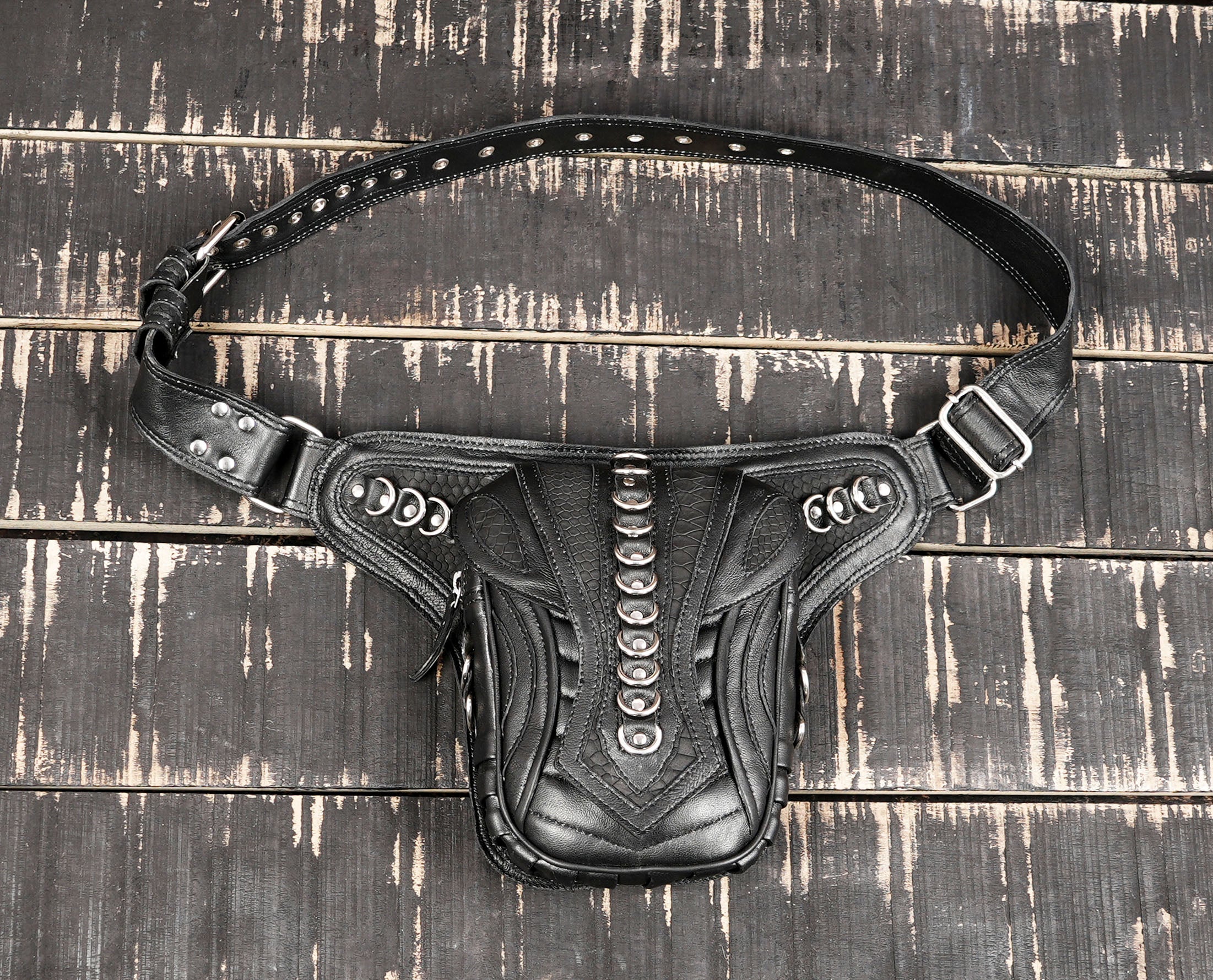Handmade Black Leather Waist Belt with Front Utility Pouch | Adjustable Leather Belt Bag | Gothic Festival Travel Leather Belt (LT/NS/WB/6032)