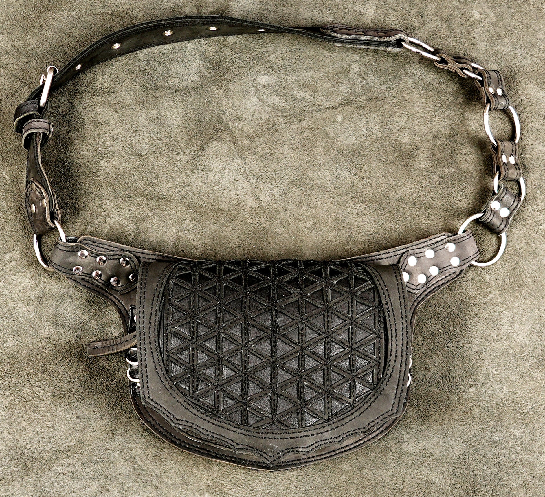 Handmade Leather Festival Waist Bag, Sacred Geometry Hip Belt Pouch with Antique Brass Hardware