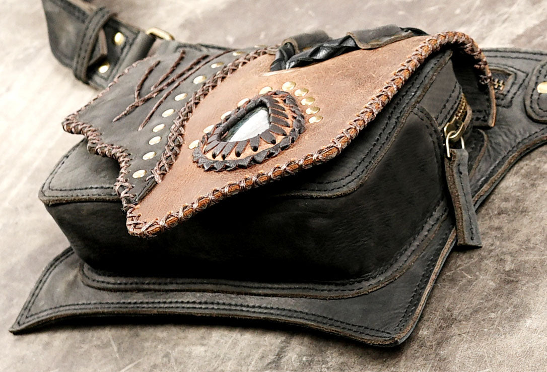 Labradorite leather belt pouch with antique brass hardware