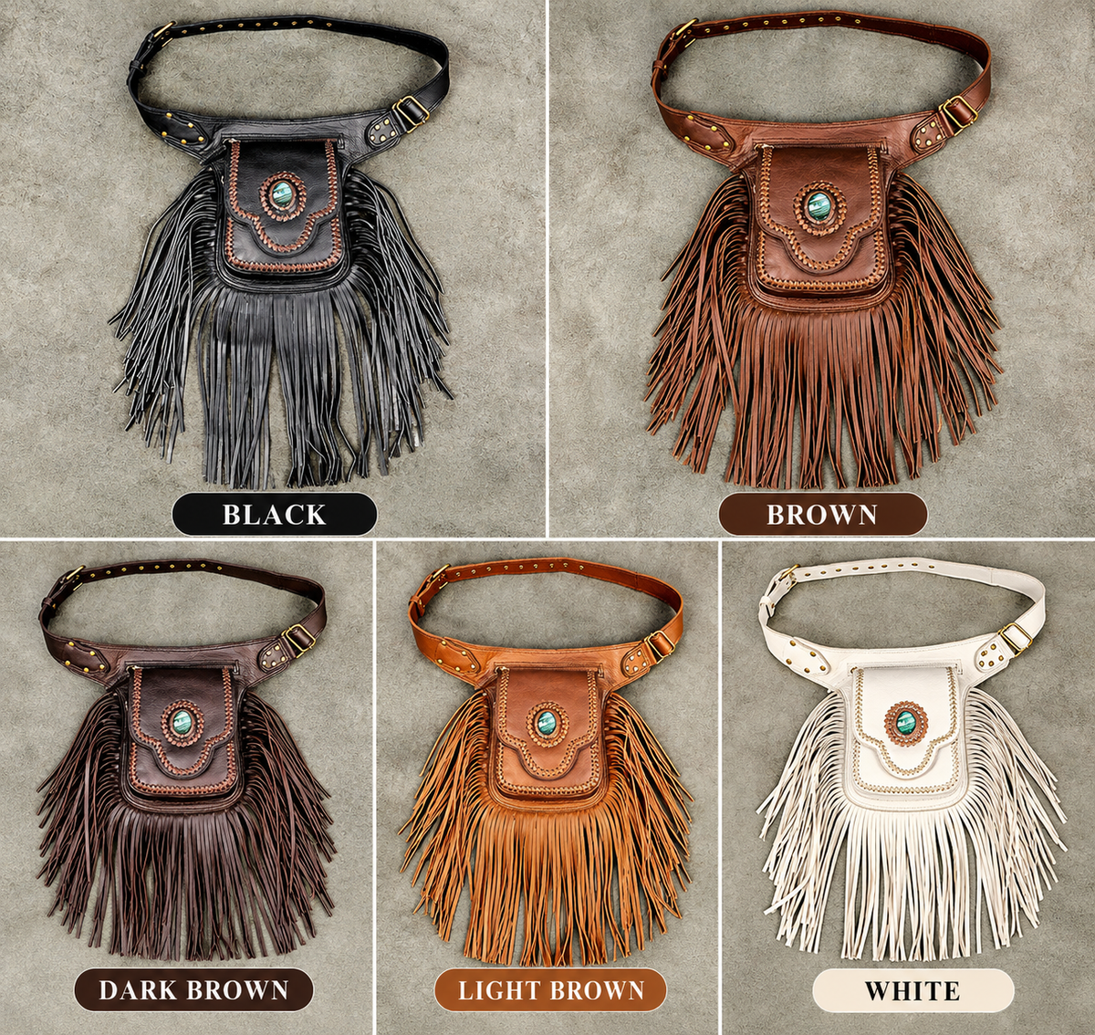 Handmade Black Leather Fringe Belt Bag Boho Festival Hip Pouch Adjustable Waist