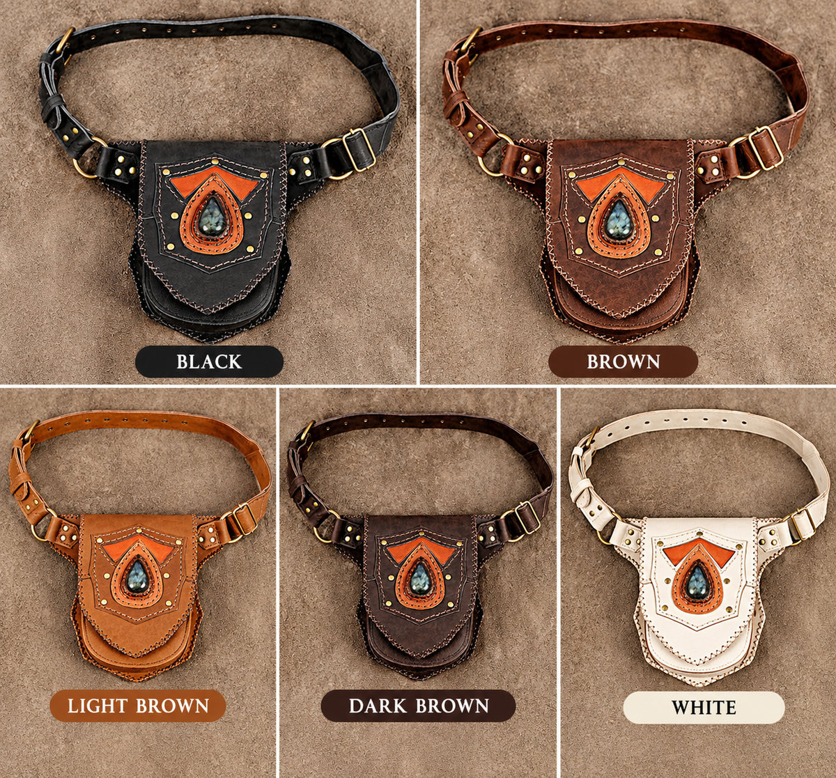 Unisex leather festival hip bag with gemstone and adjustable waist strap