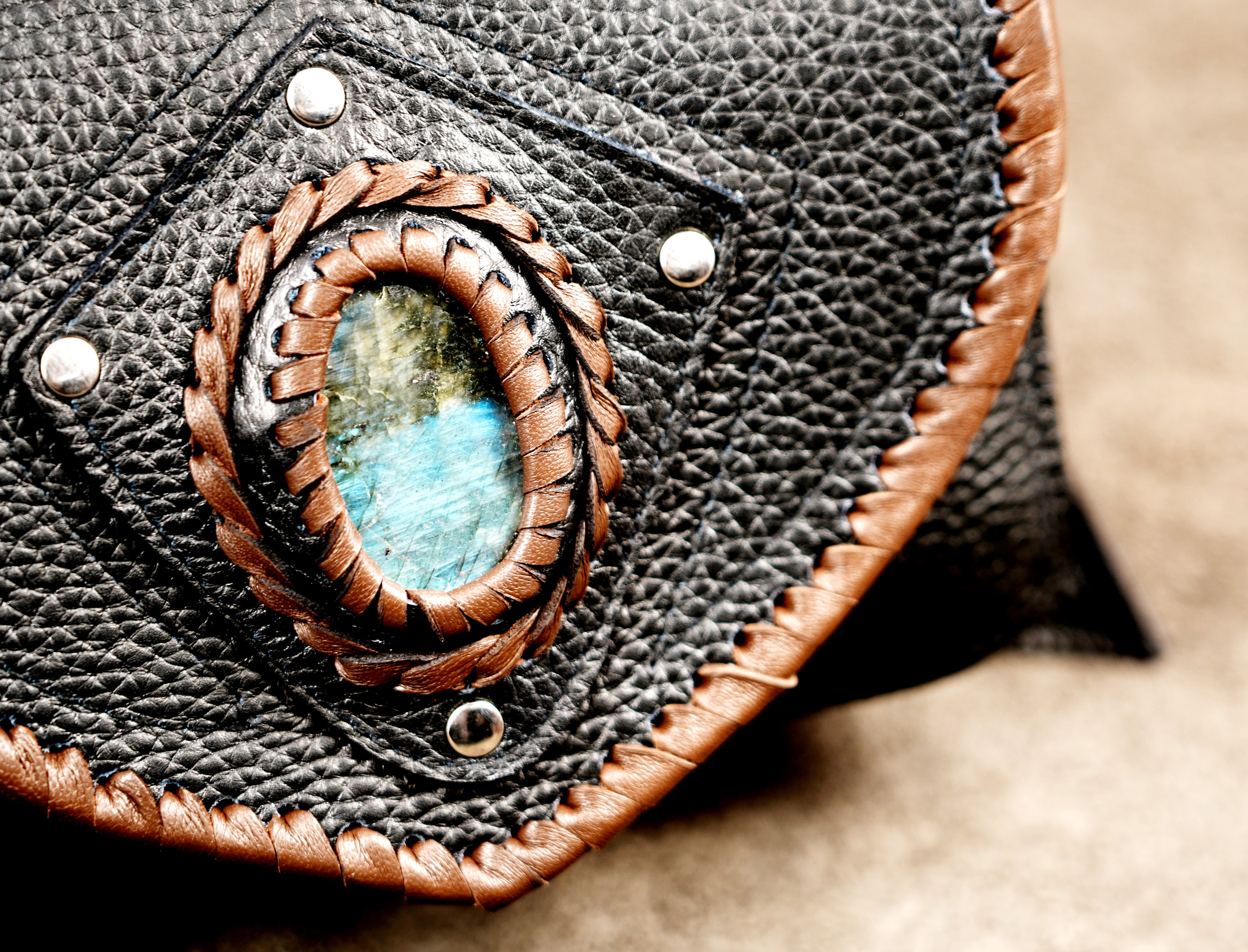 Leather LARP accessory belt with tan piping and gemstones
