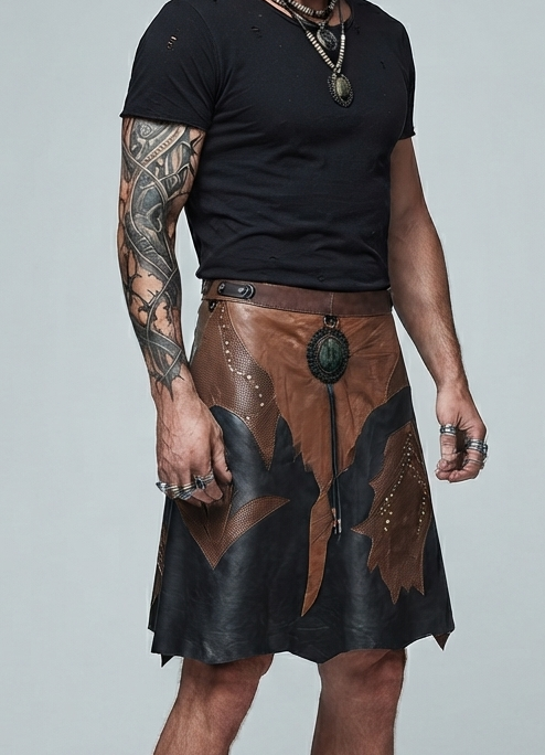 Leather LARP skirt with natural stone centerpiece, full view