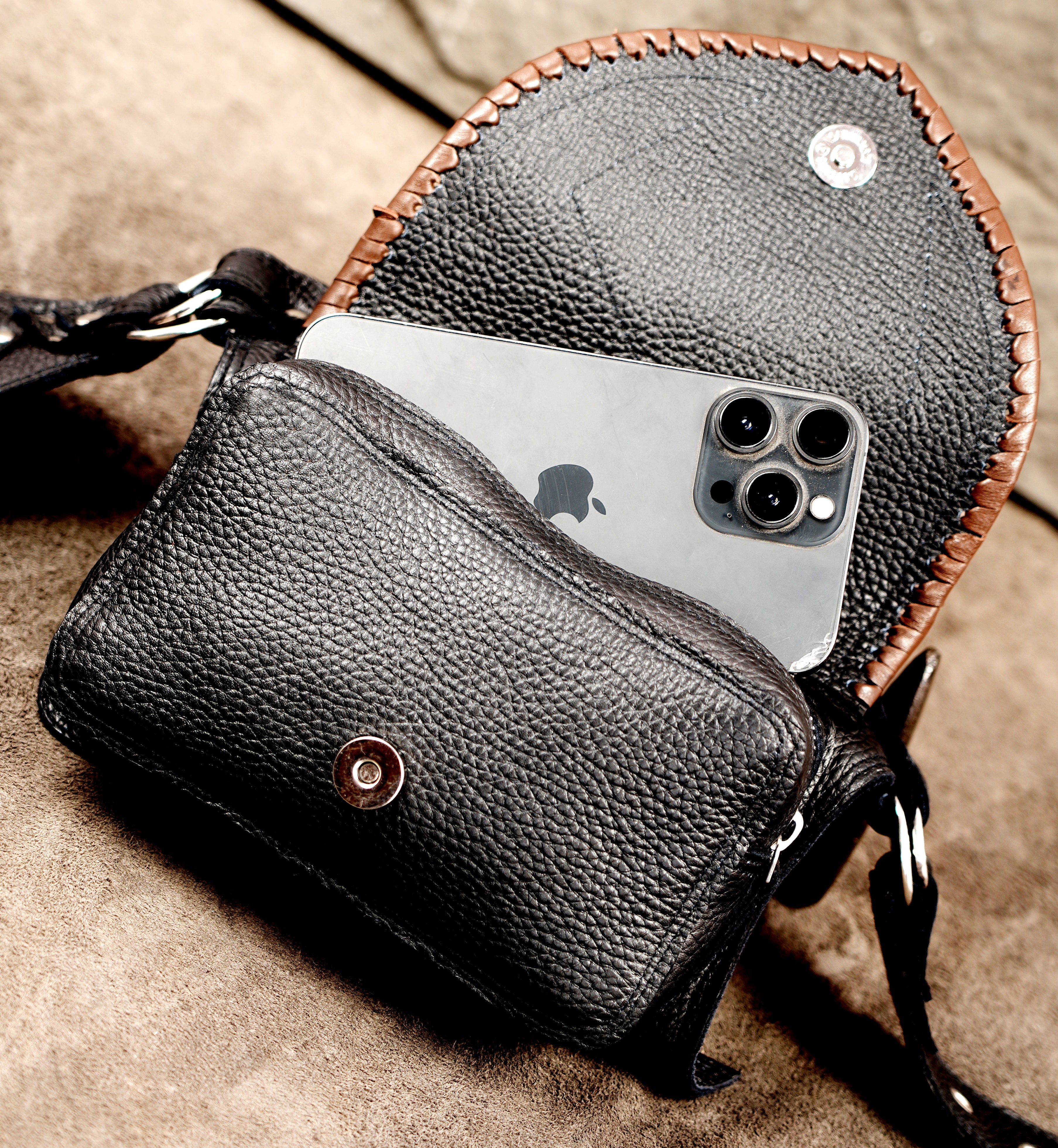 Leather RPG accessory belt with silver ring hardware