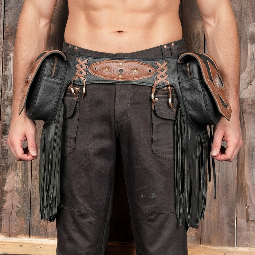 Leather crossbody belt with gemstone pockets, full fringe view