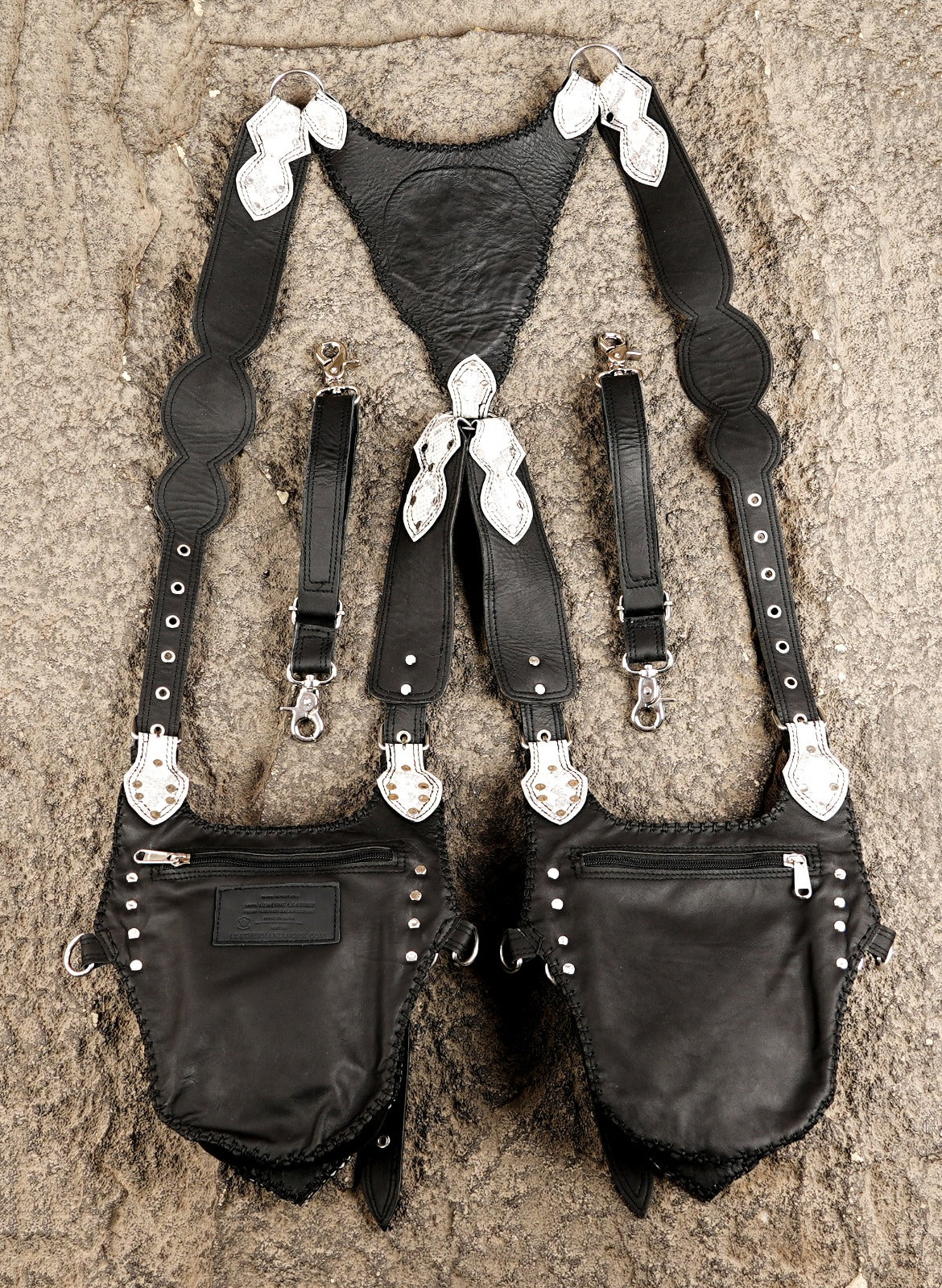 Leather crossbody harness with dual pouches, ideal for festival and cosplay outfits