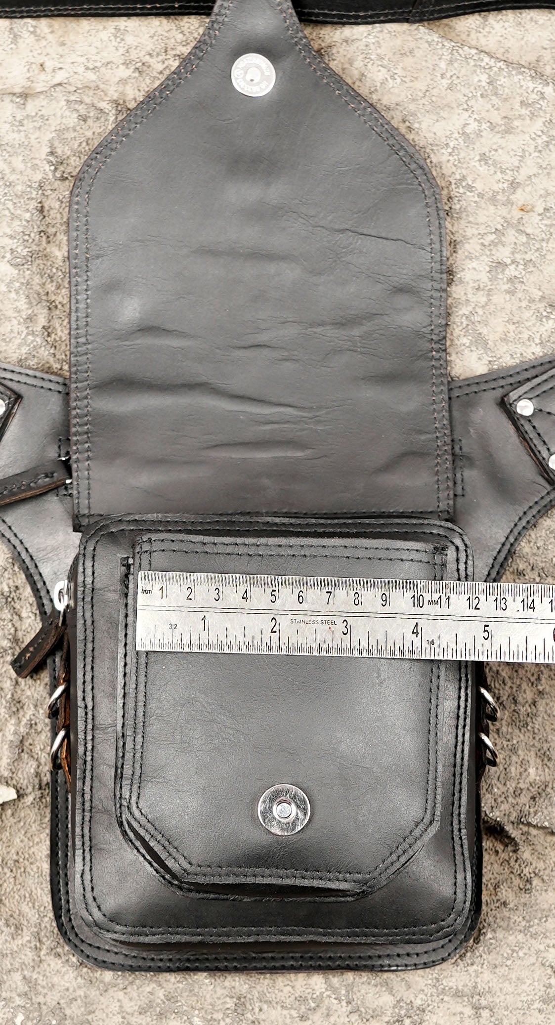 Leather everyday carry bag with nickel silver studs