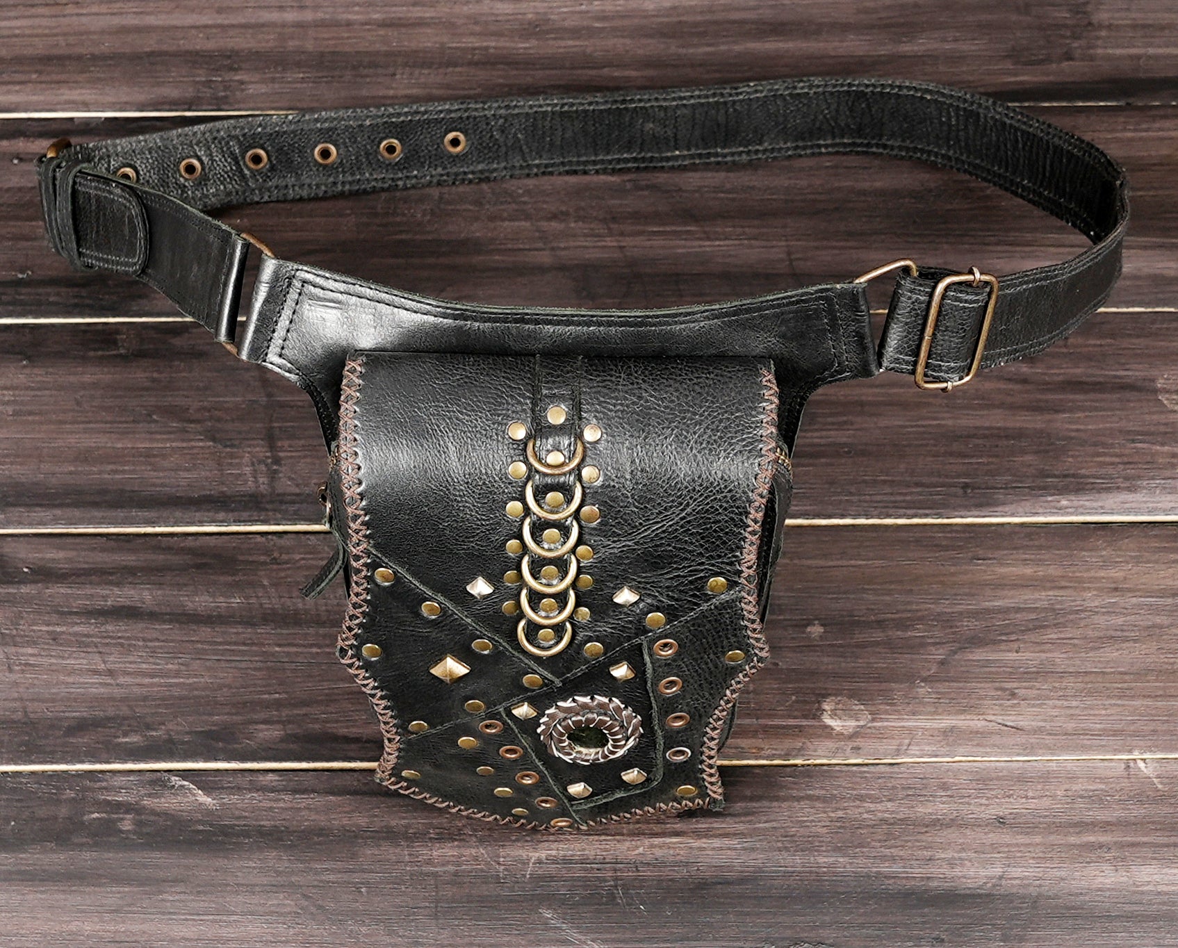 Leather festival bag with diamond studs and cross stitching