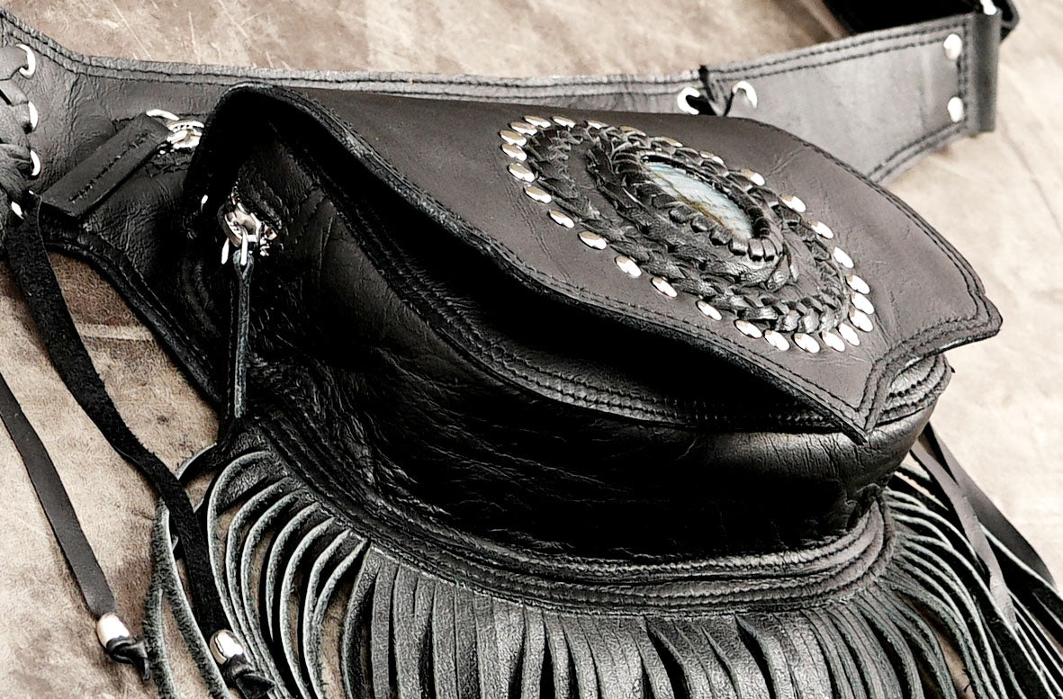 Leather festival bag with natural crystal and hanging fringe