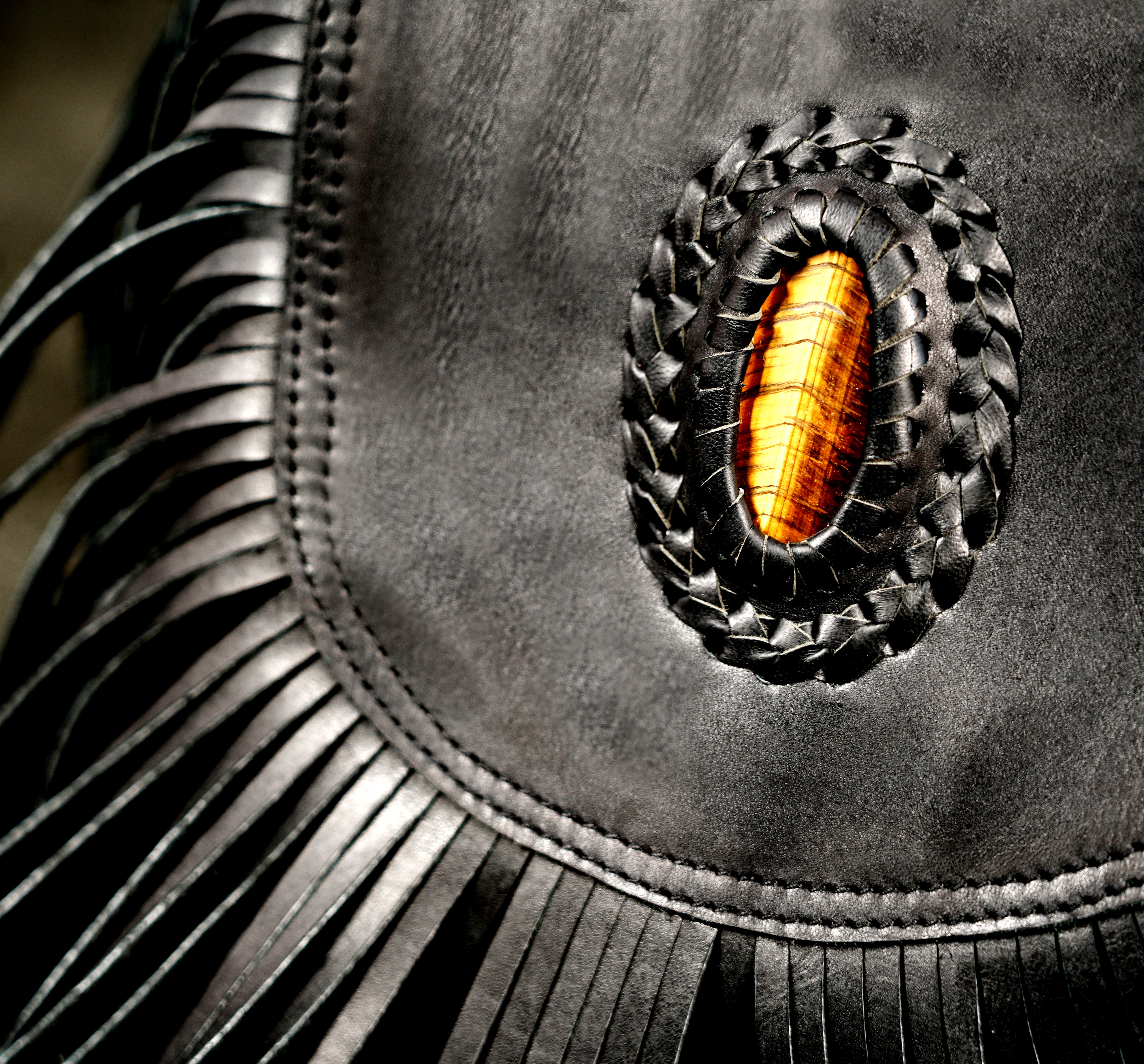 Leather festival bag with natural gemstone and hanging fringe