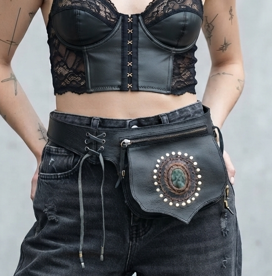 Leather festival hip belt with dual pockets and metal hardware